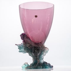 Large Baccarat Art Glass Vase with Face, Blue Pink, France