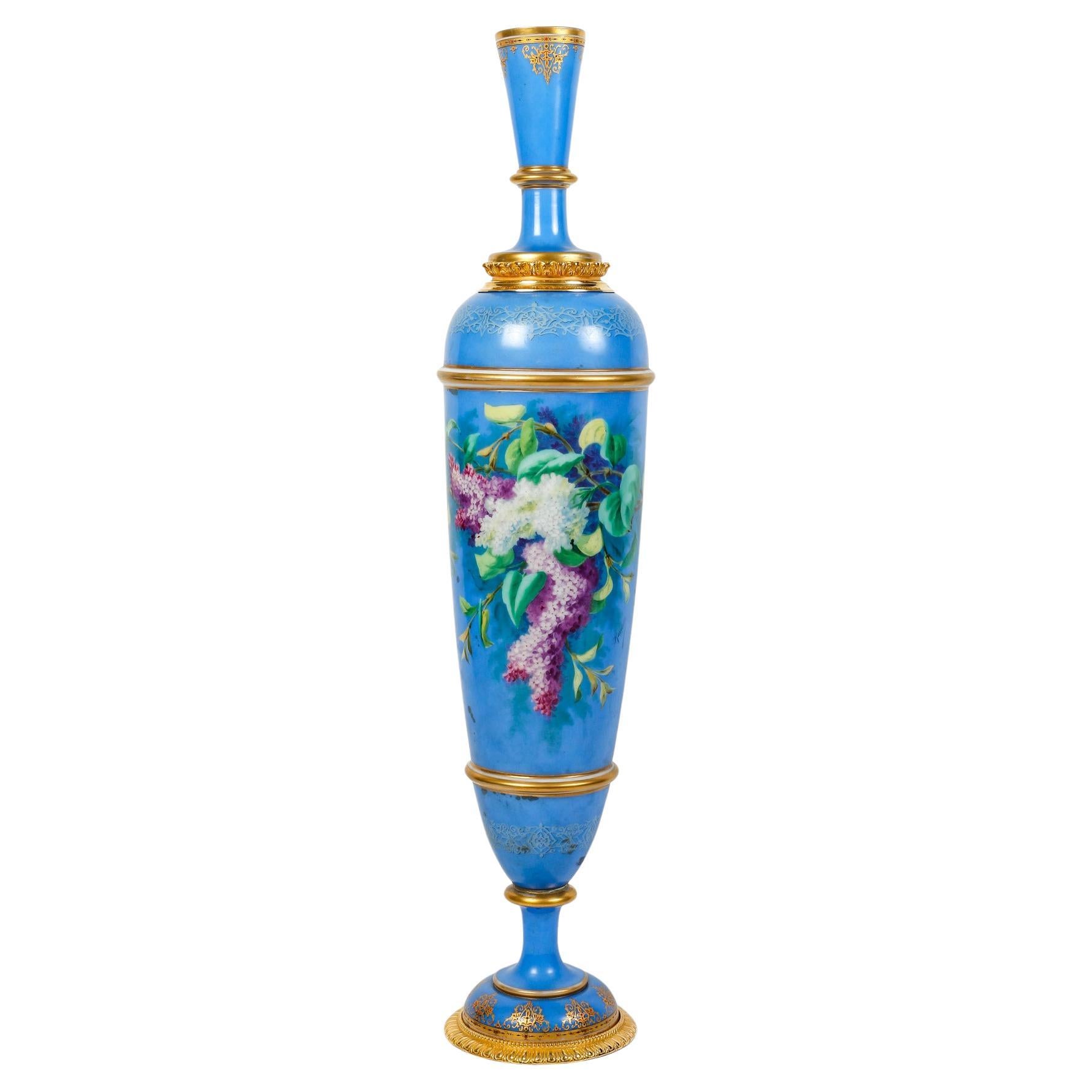 Large Baccarat Opaline Vase, Gilt Bronze Mount, Napoleon III period. For Sale