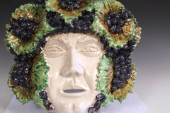 Large Bacchus Wall Mask Face Plaque Vintage Italian Pottery Majolica 14"x14"