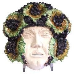 Large Bacchus Wall Mask Face Plaque Vintage Italian Pottery Majolica 14"x14"