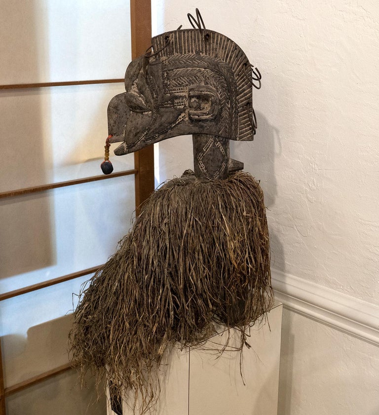 Hand-Carved Large Baga Nimba Carved Wood and Raffia Headdress or Mask, Guinea-Bissau 20th C For Sale