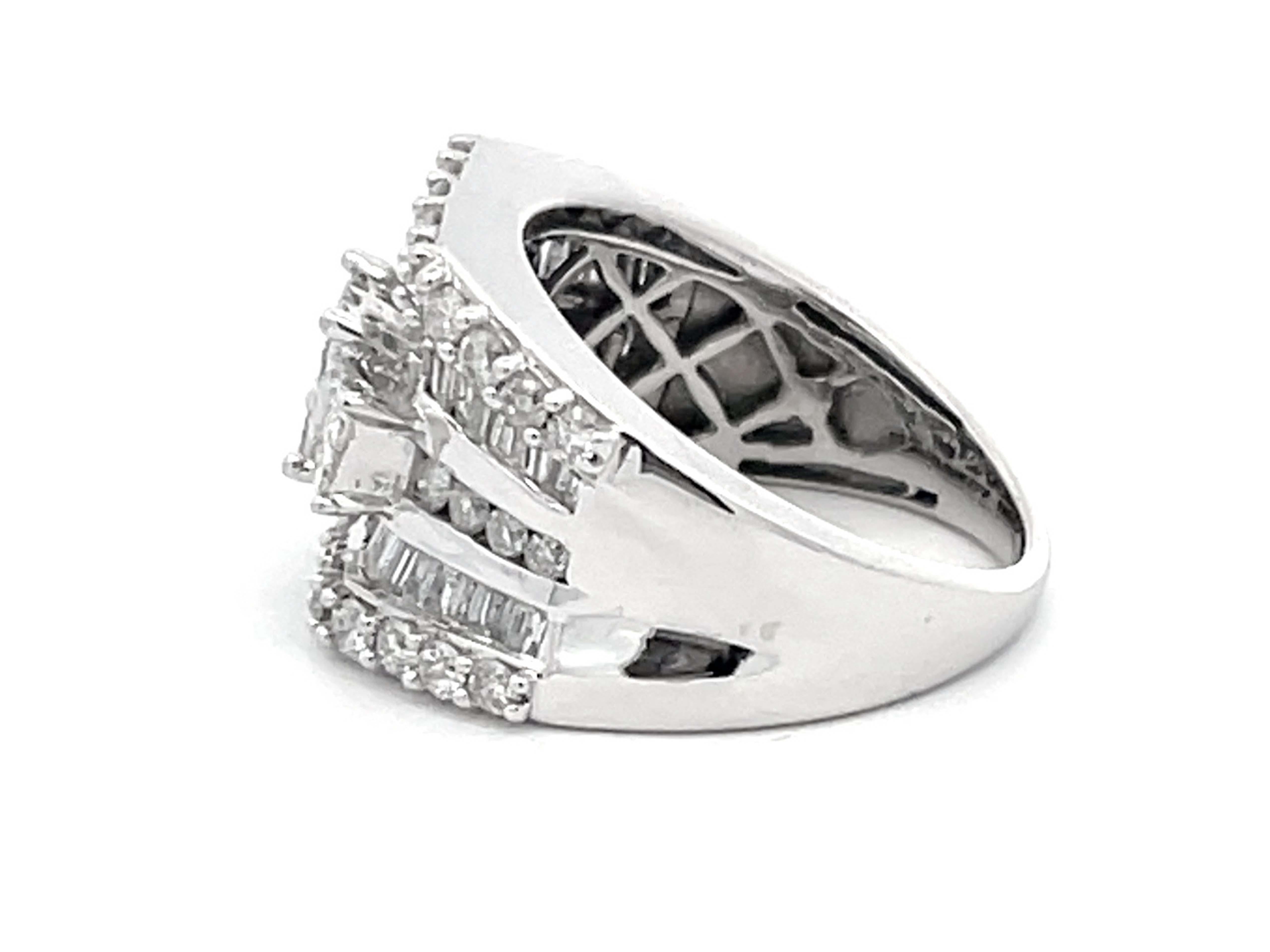 Brilliant Cut Large Baguette, Round and Princess Cut Diamond Ring in 14k White Gold For Sale