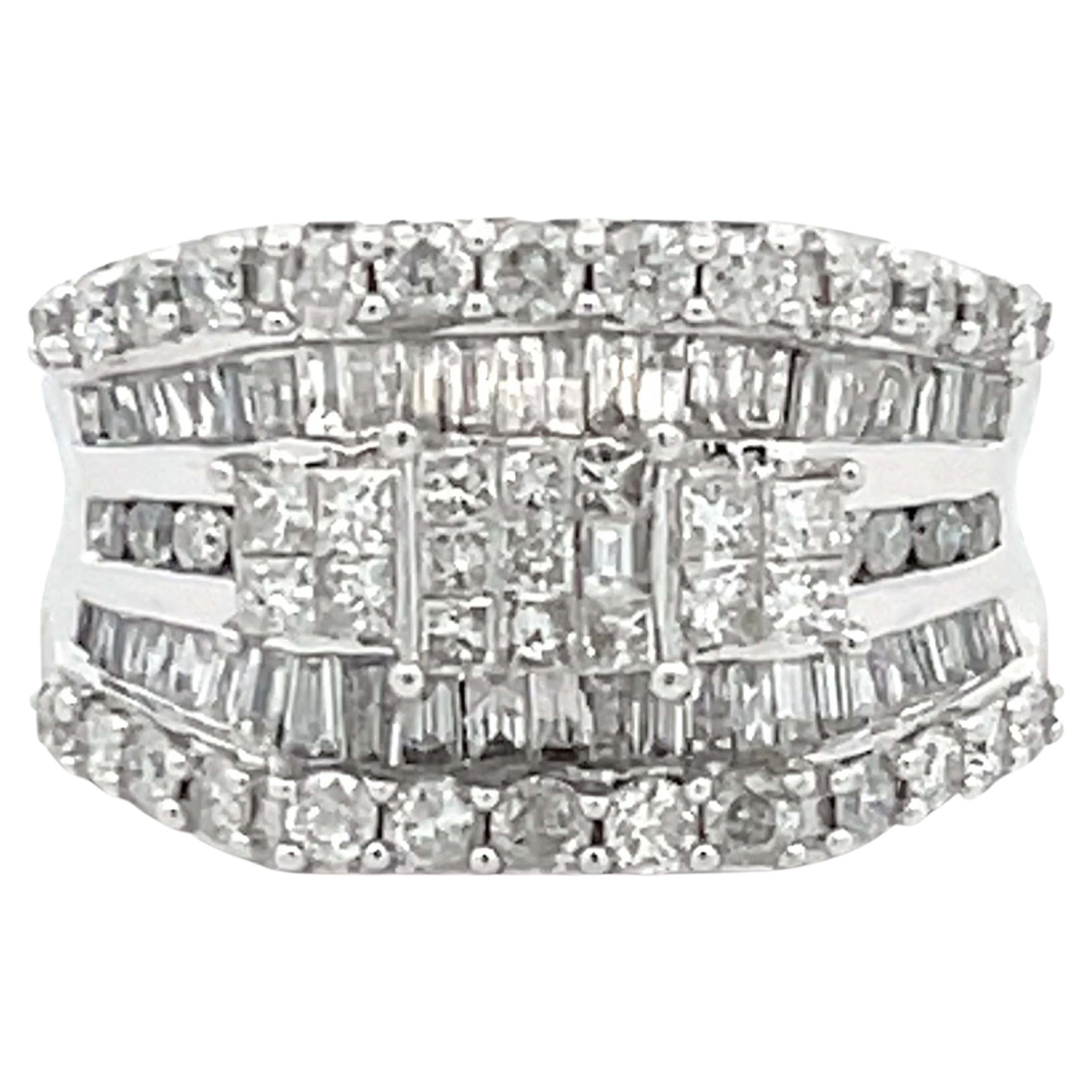 Large Baguette, Round and Princess Cut Diamond Ring in 14k White Gold