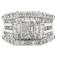 Large Baguette, Round and Princess Cut Diamond Ring in 14k White Gold