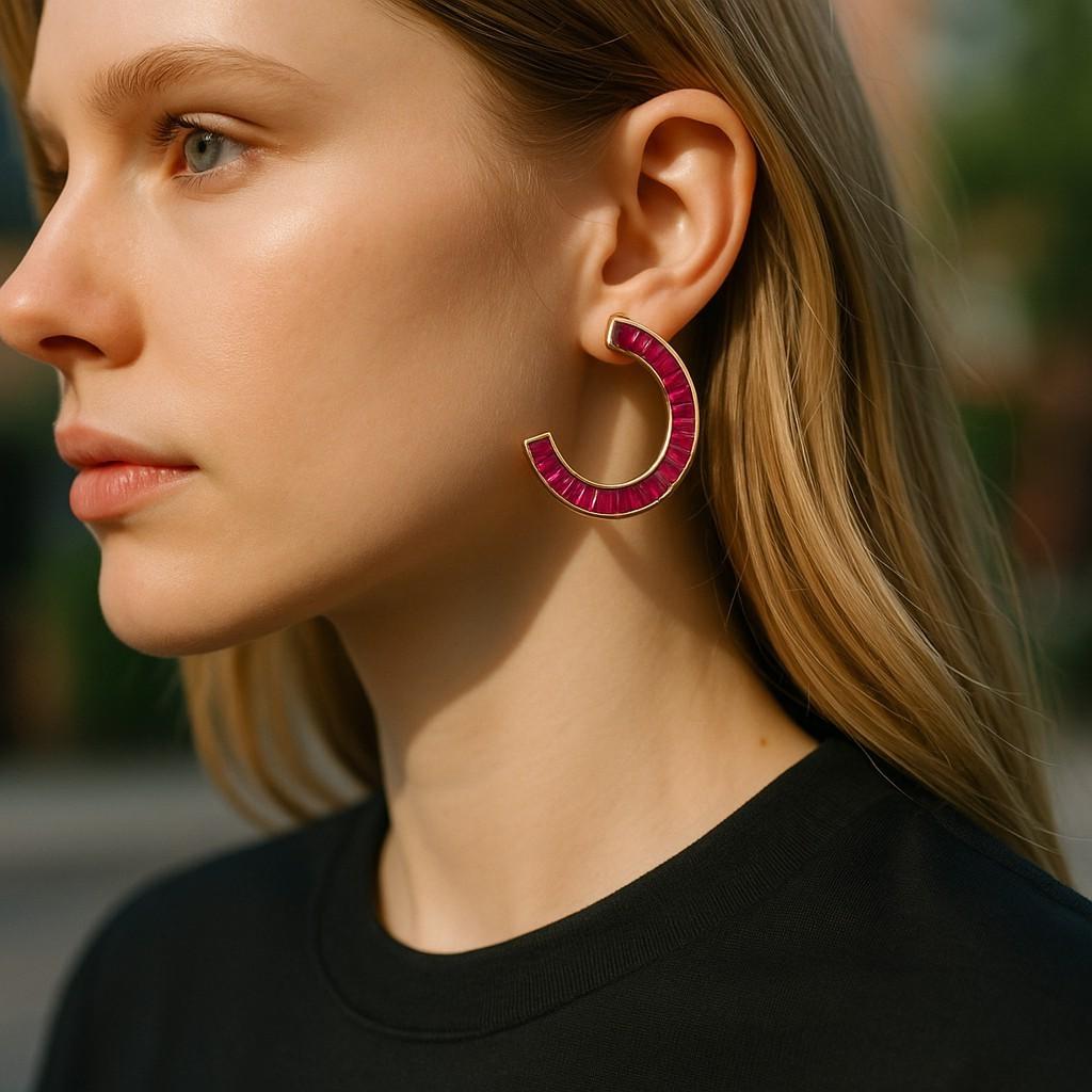 Découvrez l'élégance de la beauté céleste avec nos boucles d'oreilles large baguette rubis croissant de lune. Ces boucles d'oreilles exquises sont fabriquées en or jaune 14 carats, offrant un attrait luxueux et intemporel qui s'harmonise avec toutes