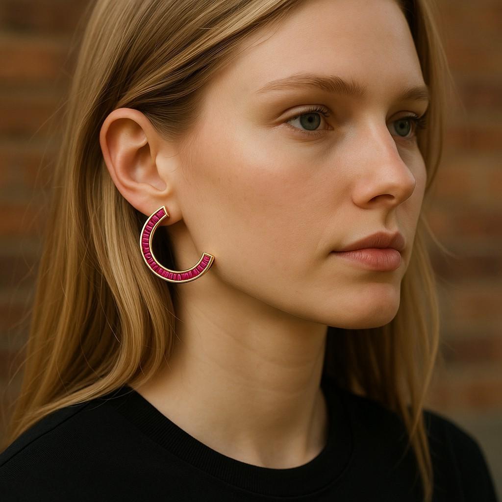 Taille baguette Boucles d'oreilles tendance croissant de lune en or jaune avec gros rubis baguette de 8,00 carats en vente