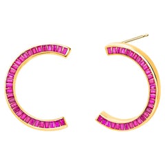 Large Baguette Ruby 8.00 Carat Trending Crescent Moon Yellow Gold Earrings 