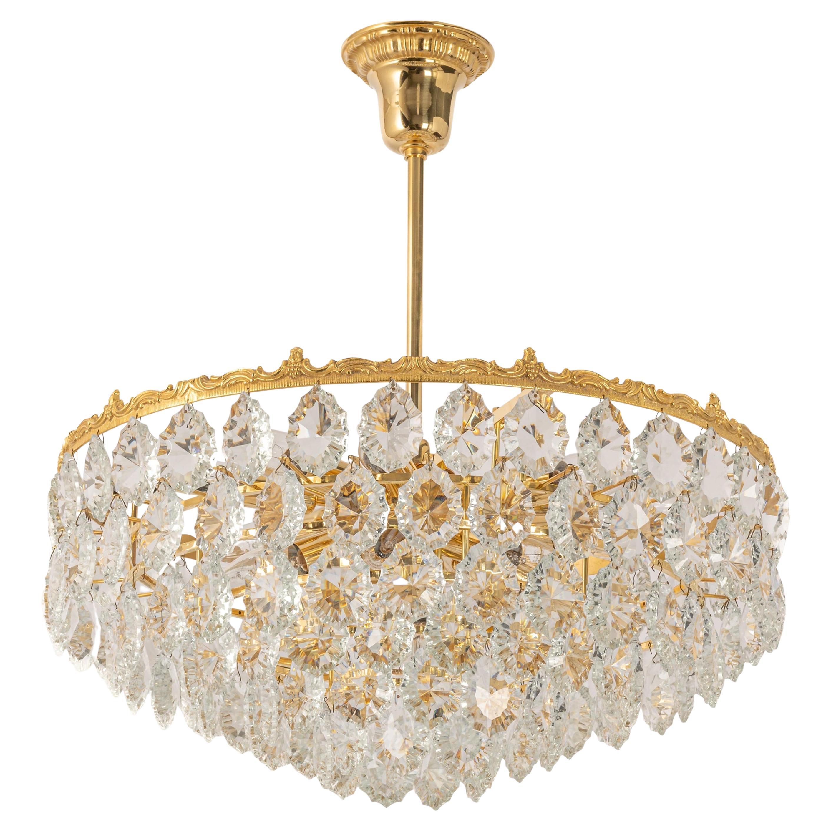 Large Bakalowits Chandelier, Brass and Crystal Glass, Austria, 1960s For Sale