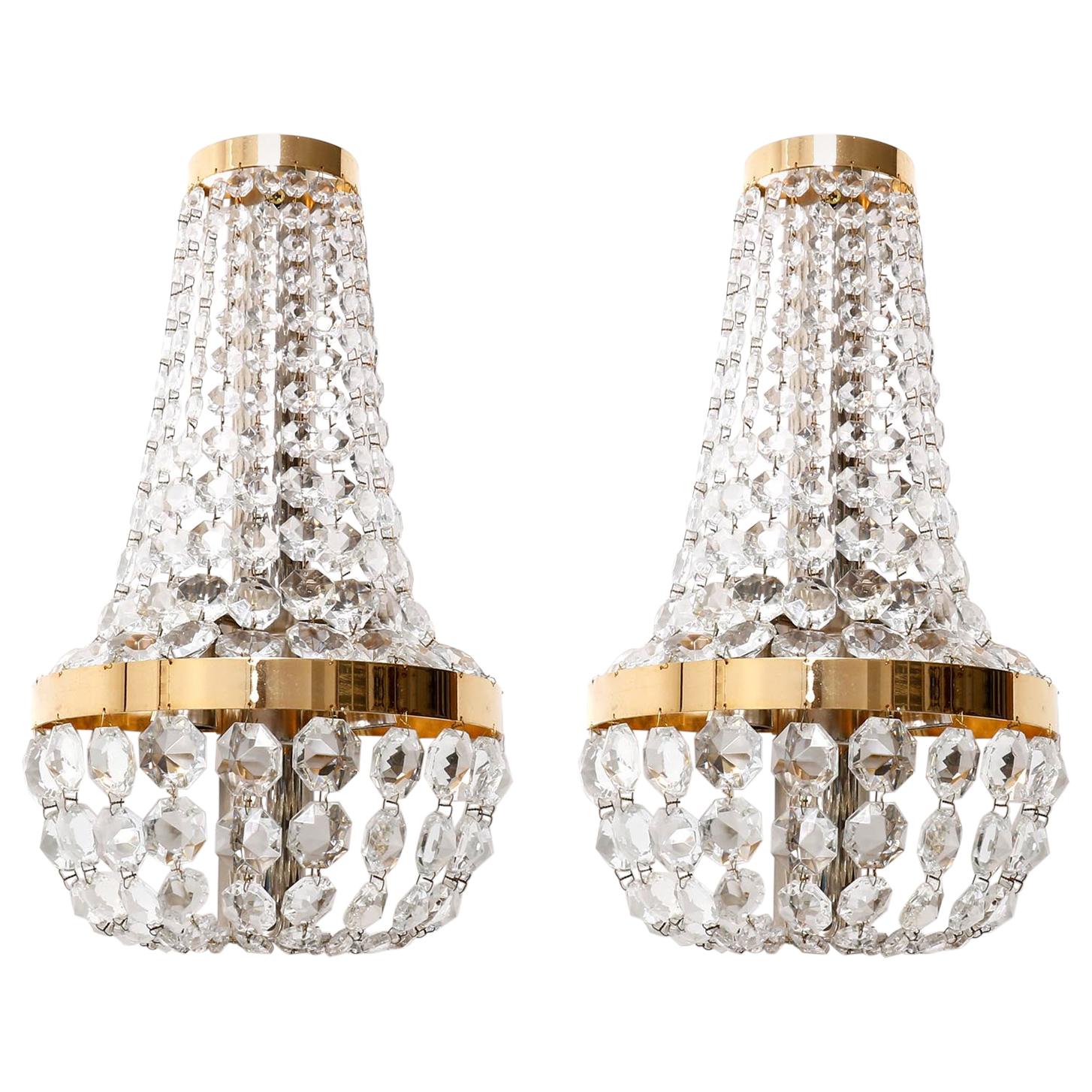 Pair Bakalowits Wall Lights Sconces, Brass Nickel Crystal, Austria, 1950s For Sale