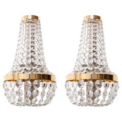 Vintage Pair Bakalowits Wall Lights Sconces, Brass Nickel Crystal, Austria, 1950s