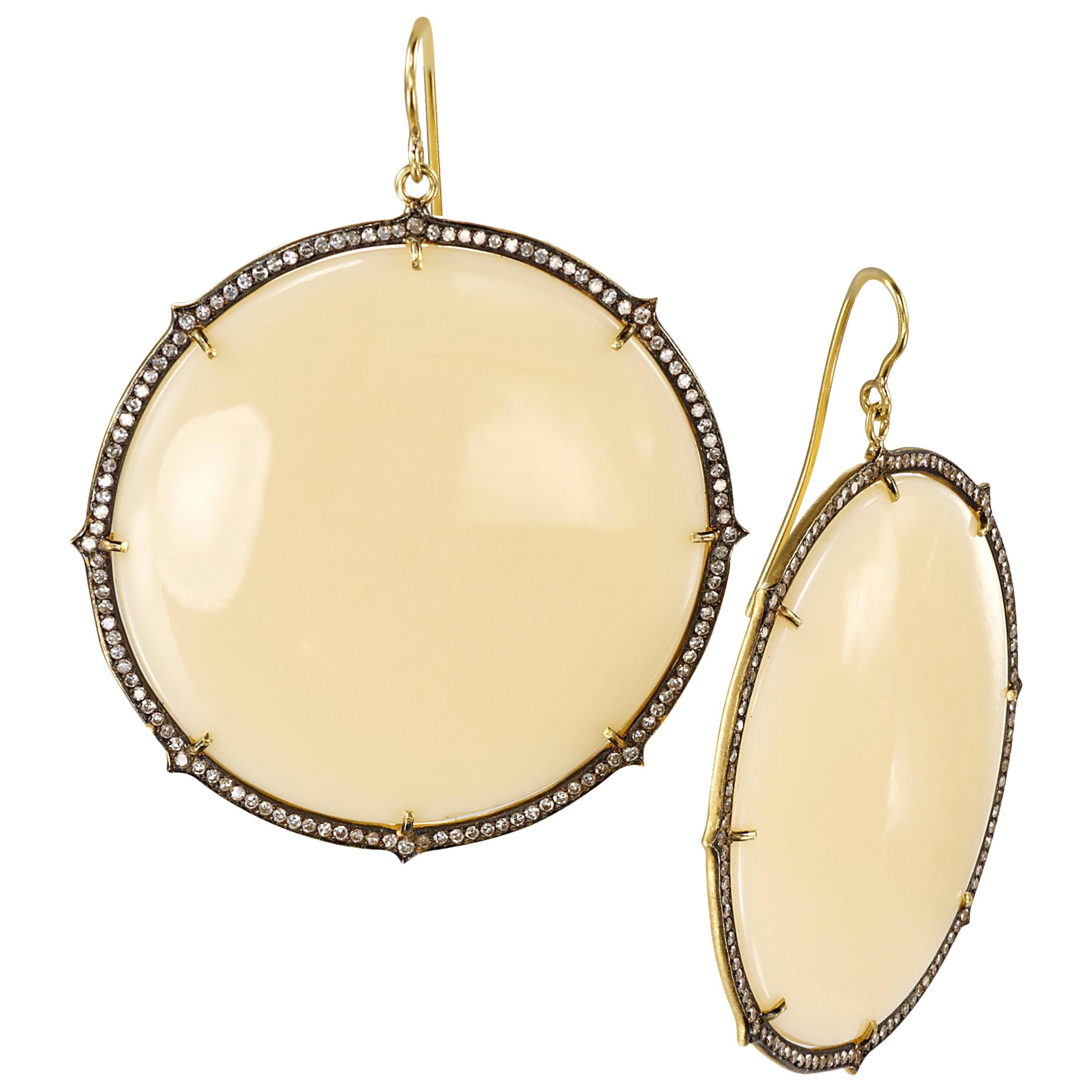 Sylva & Cie Large Ivory Bakelite Disc Earrings with Diamonds in 18k Yellow Gold For Sale