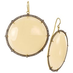 Sylva & Cie Large Ivory Bakelite Disc Earrings with Diamonds in 18k Yellow Gold