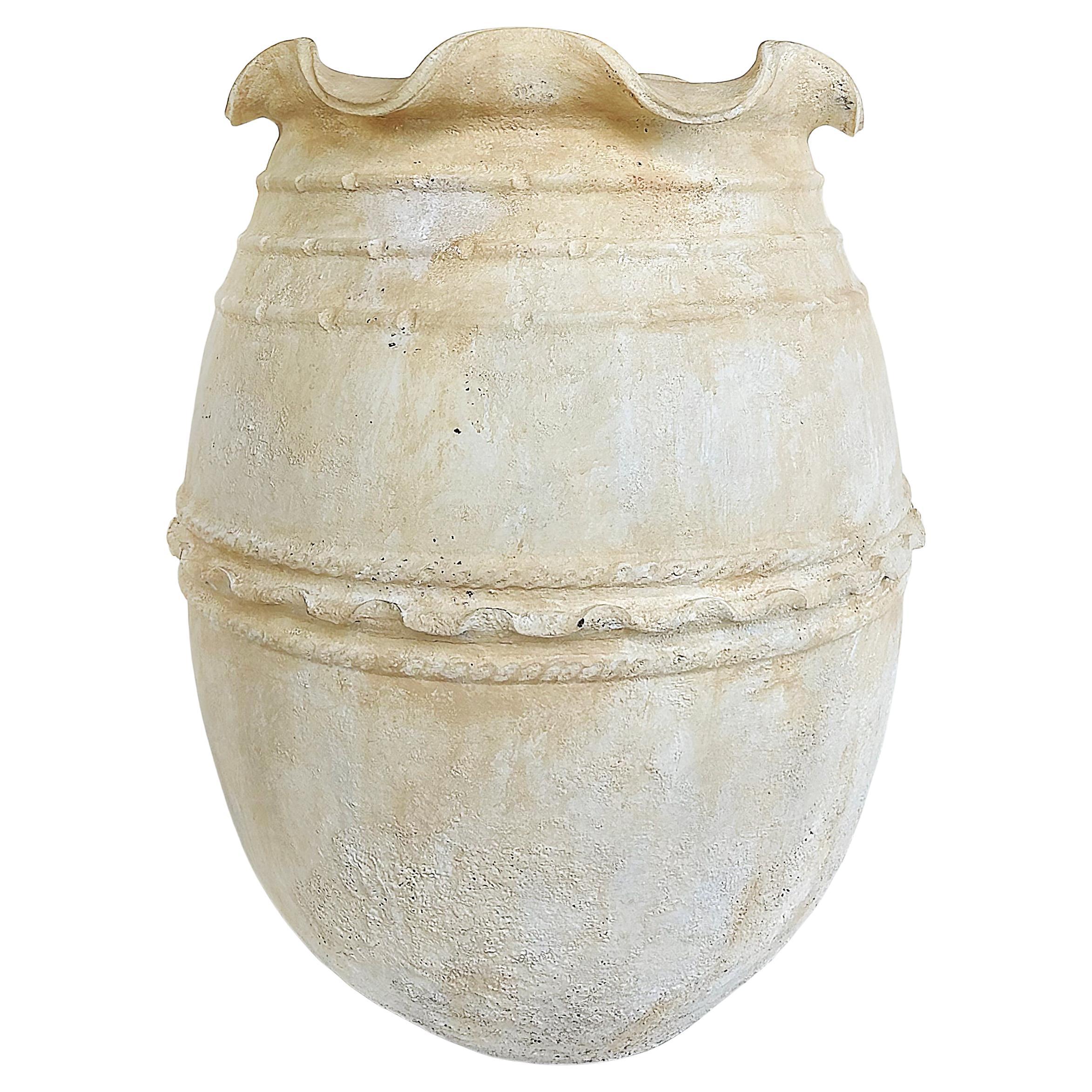Large Balinese Scalloped Lip Unglazed Terracotta Planter, White-Washed Finish