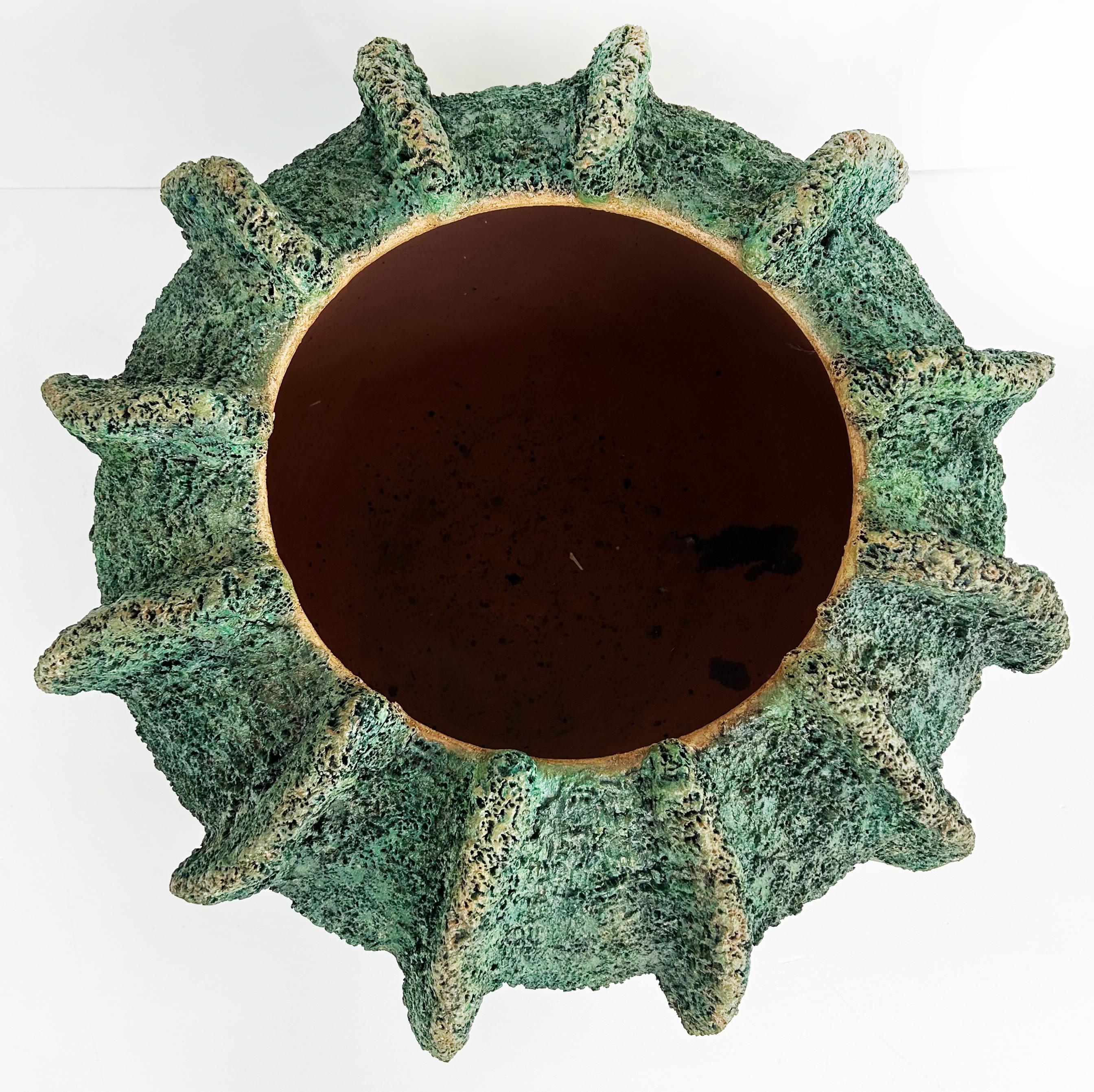 Cast Large Balinese Teal Fluted Terracotta Planter For Sale