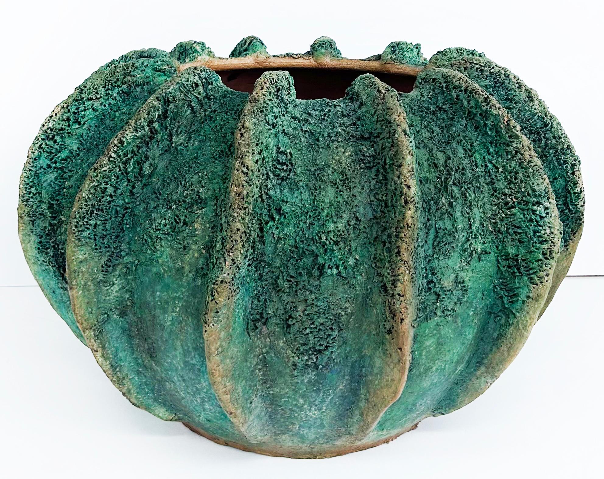 Large Balinese Teal Fluted Terracotta Planter In Good Condition For Sale In Miami, FL
