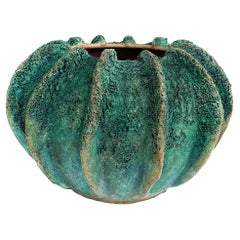 Grande jardinière balinaise cannelée en terre cuite sarcelle