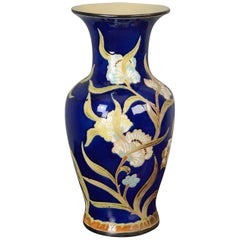Large Baluster Vase, Floral, Ceramic, Royal Blue Ground, Late 20th Century