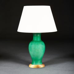 Large Baluster Vase with Apple Green Glaze as a Table Lamp, with Ebonized Base