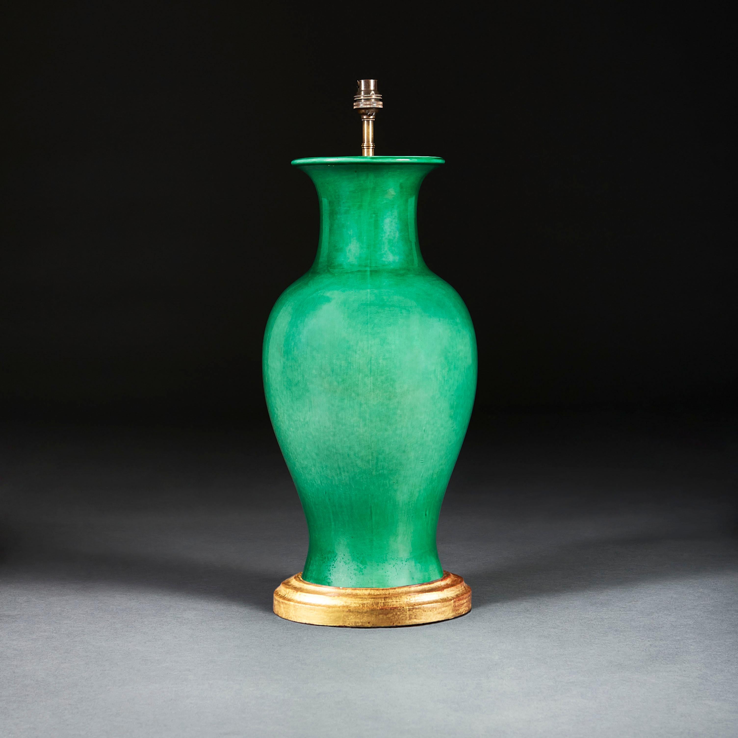 Chinese Large Baluster Vase with Apple Green Glaze as a Table Lamp, with Ebonized Base