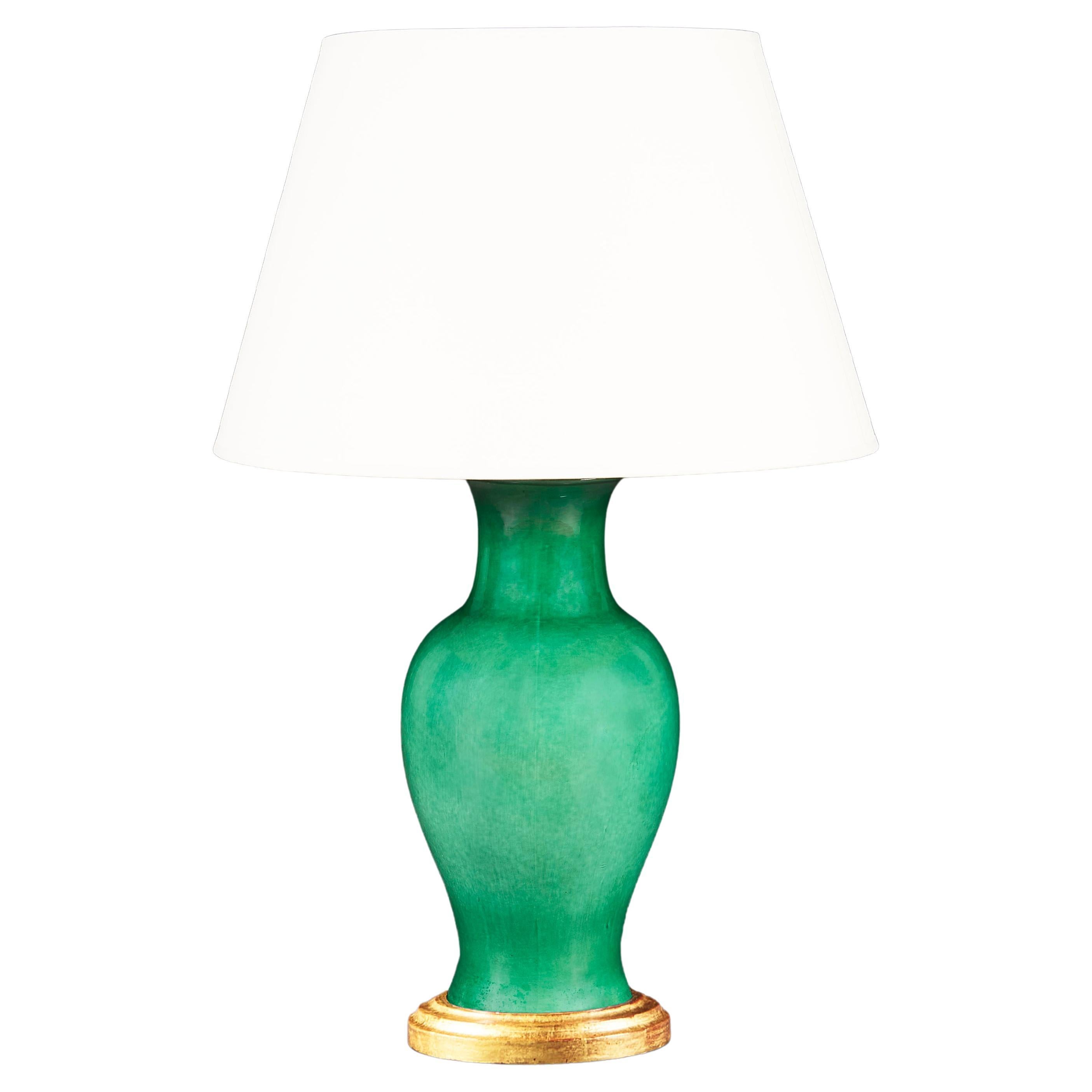 Large Baluster Vase with Apple Green Glaze as a Table Lamp, with Ebonized Base