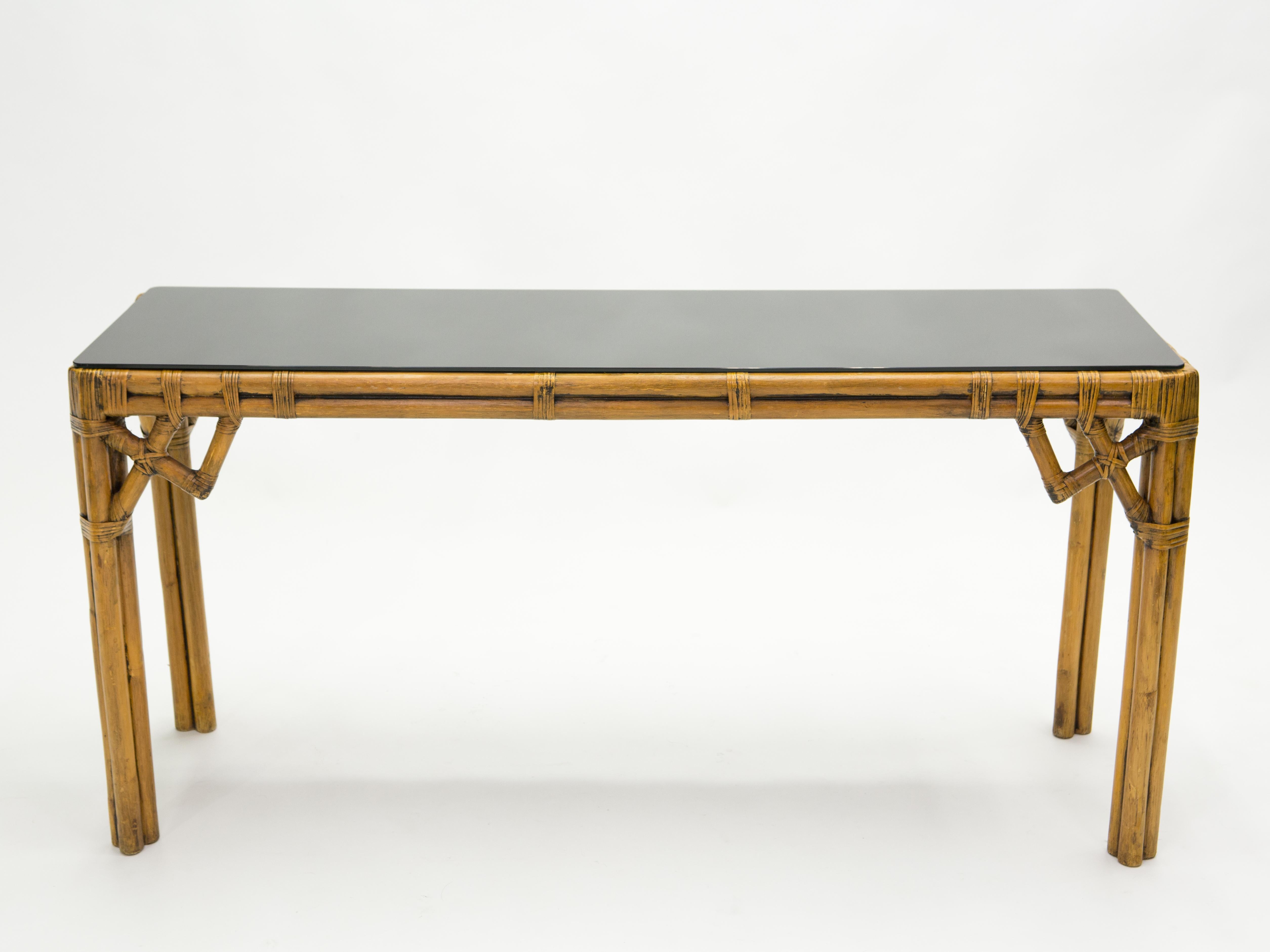 Large Bamboo and Brass Italian Console Table Black Glass Top, 1970s 5