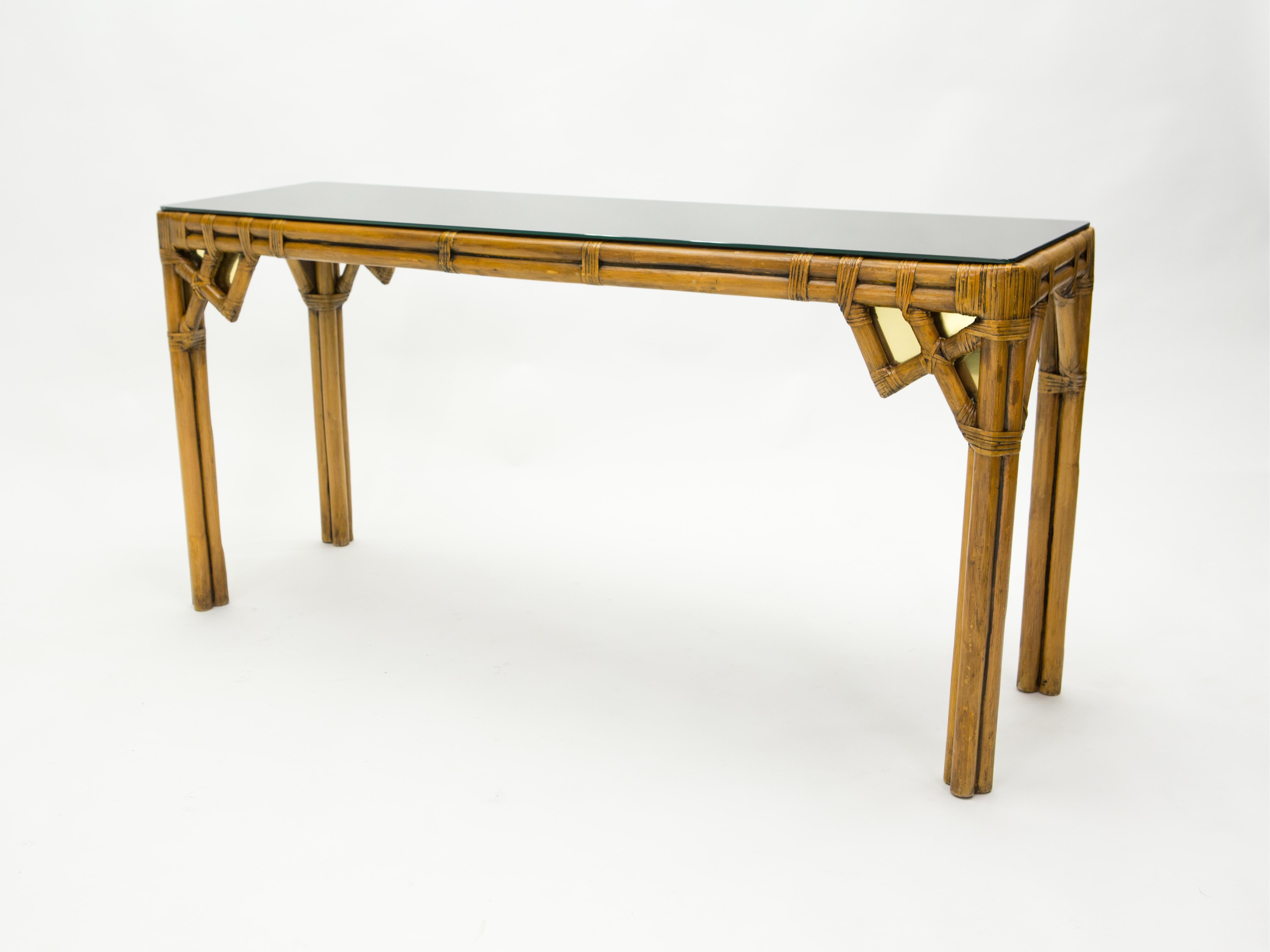 Mid-Century Modern Large Bamboo and Brass Italian Console Table Black Glass Top, 1970s