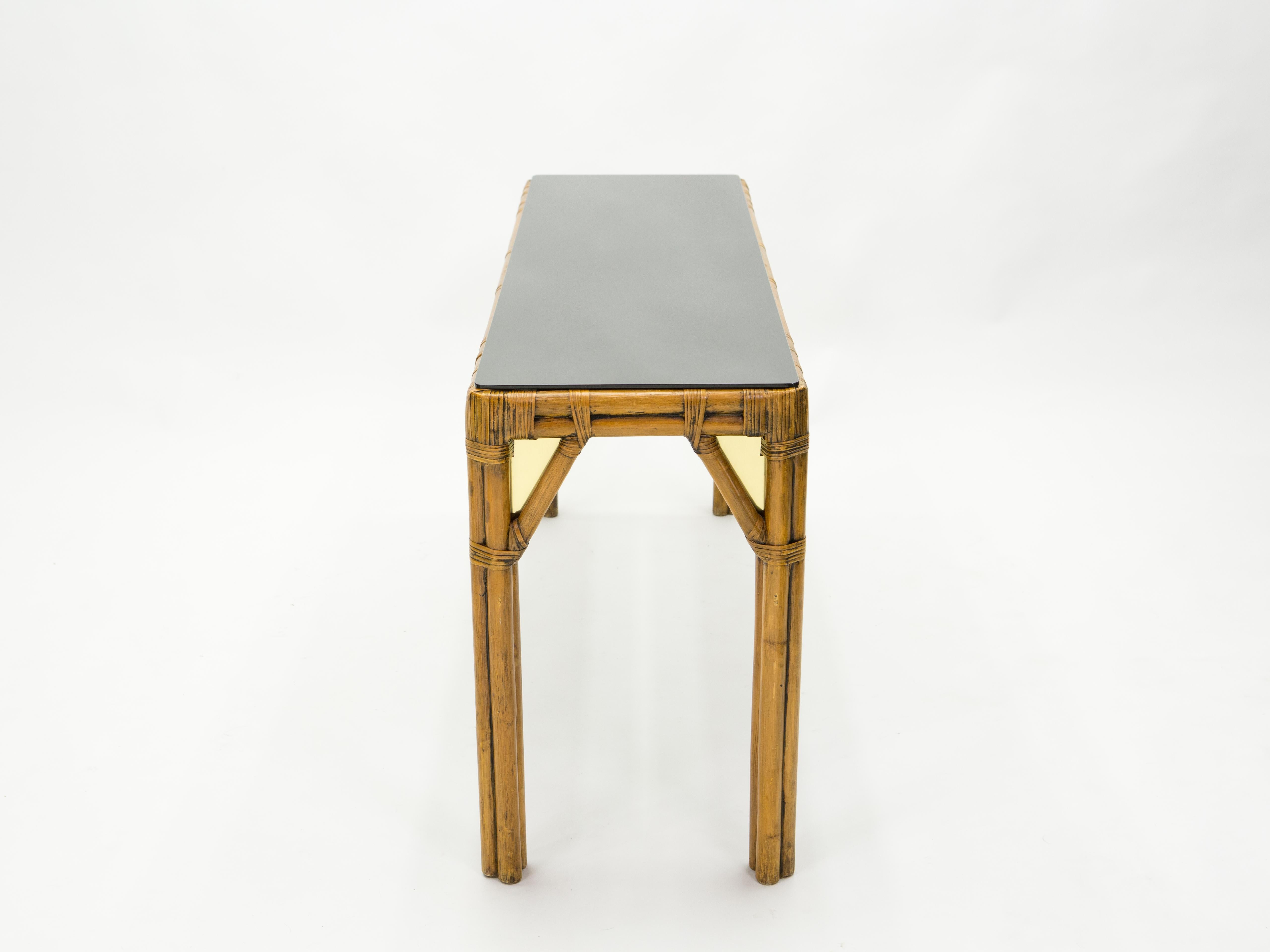 Large Bamboo and Brass Italian Console Table Black Glass Top, 1970s In Good Condition In Paris, IDF