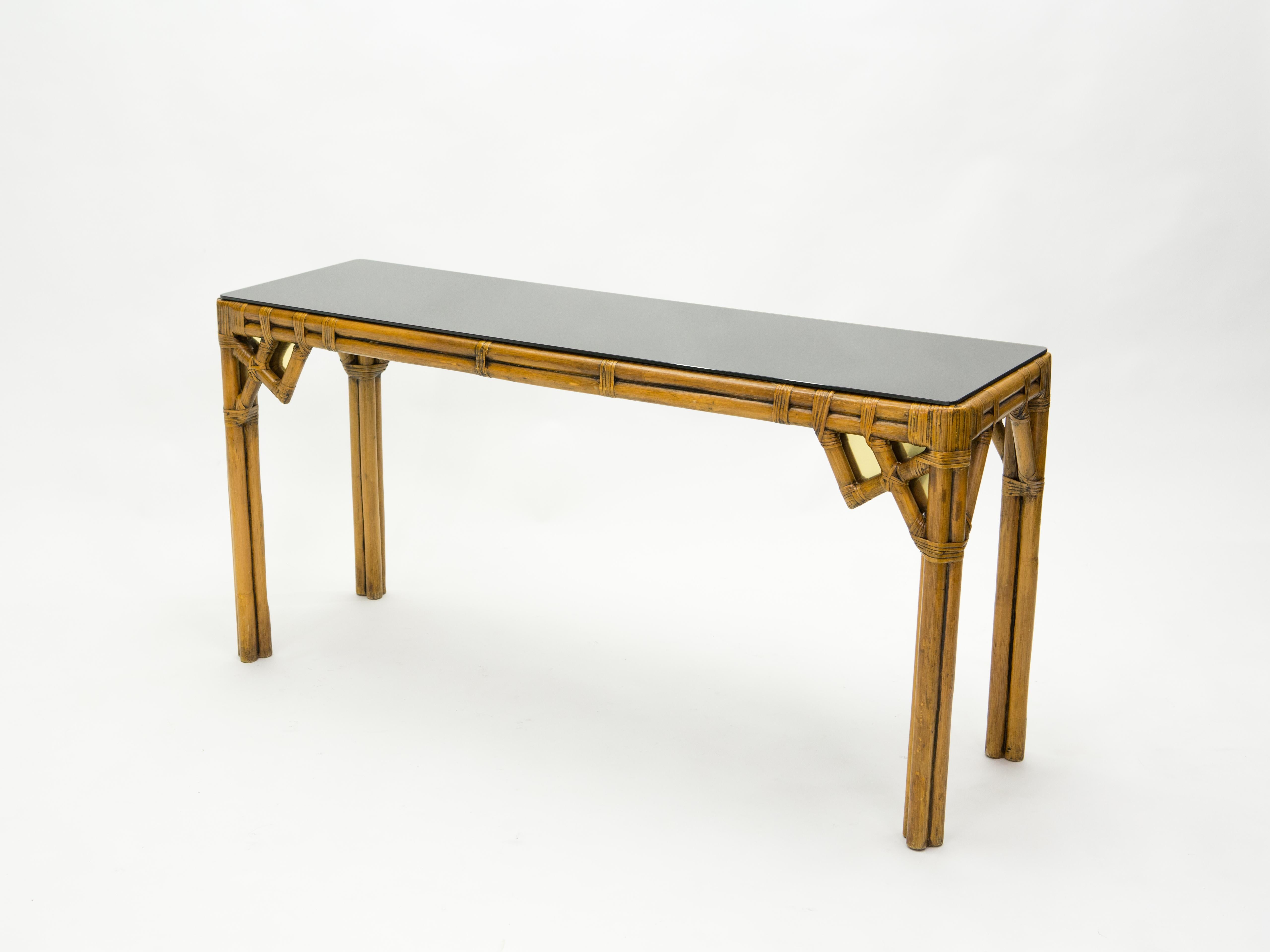 Late 20th Century Large Bamboo and Brass Italian Console Table Black Glass Top, 1970s