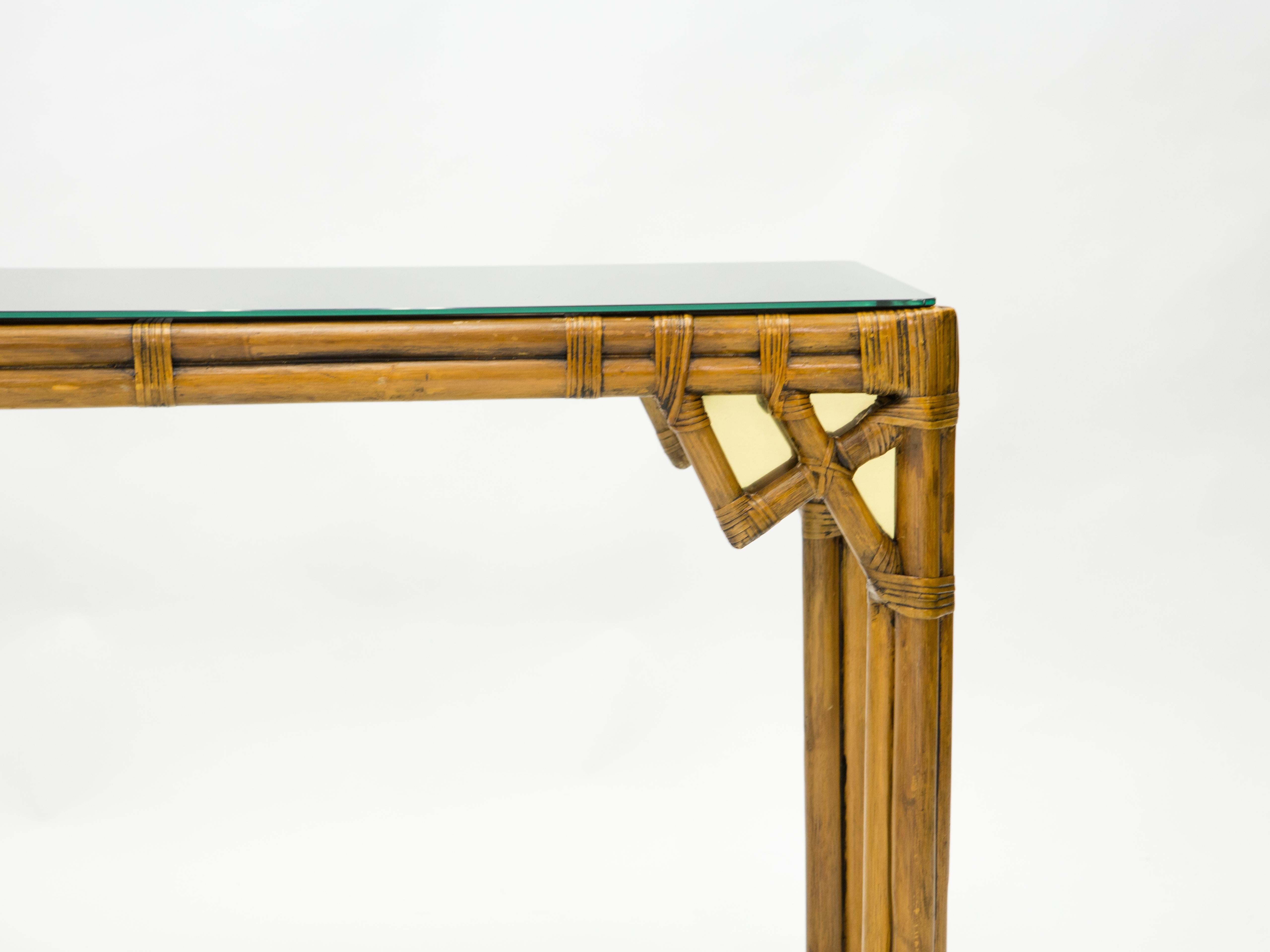 Large Bamboo and Brass Italian Console Table Black Glass Top, 1970s 1