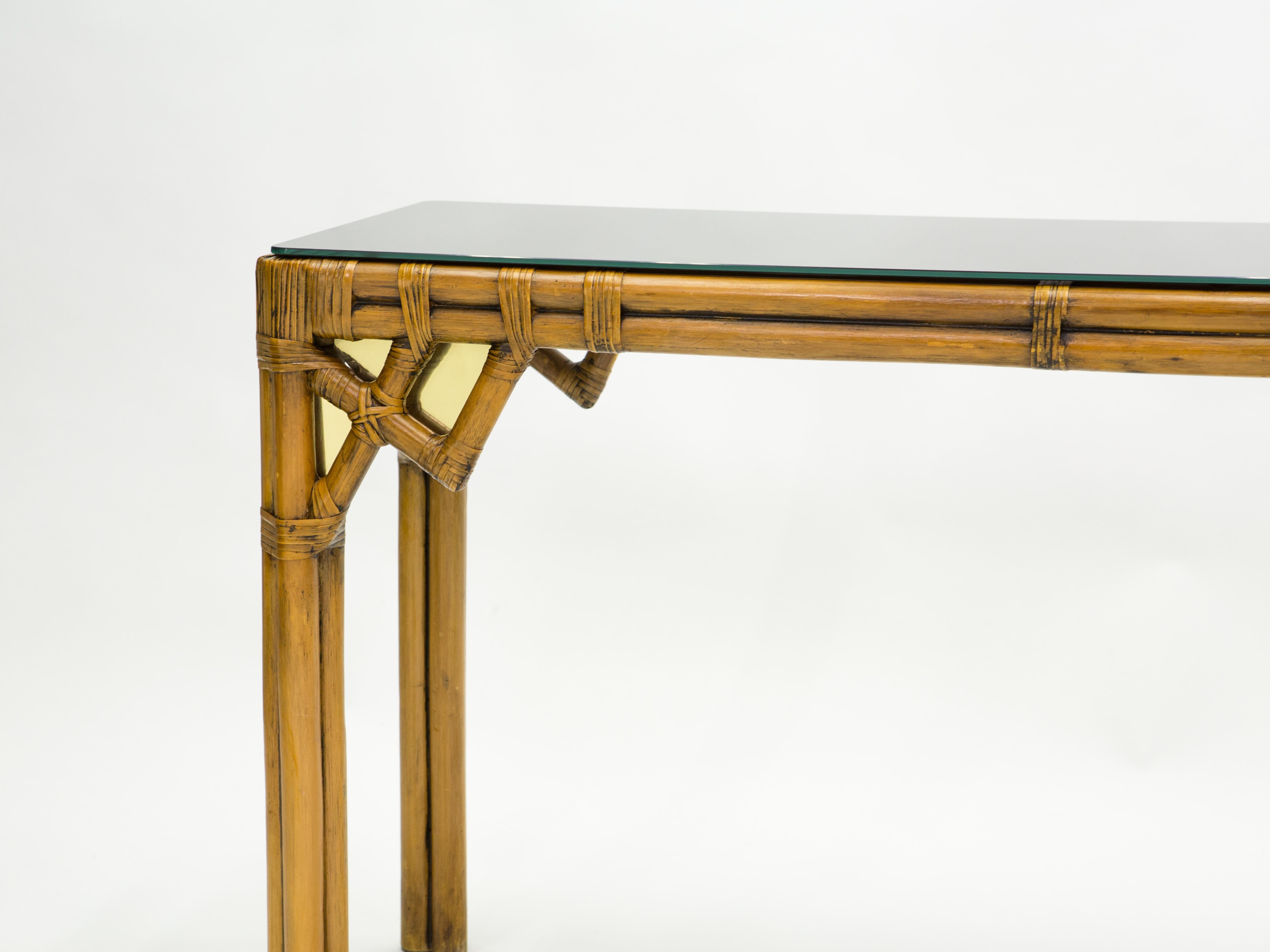 Large Bamboo and Brass Italian Console Table Black Glass Top, 1970s 2