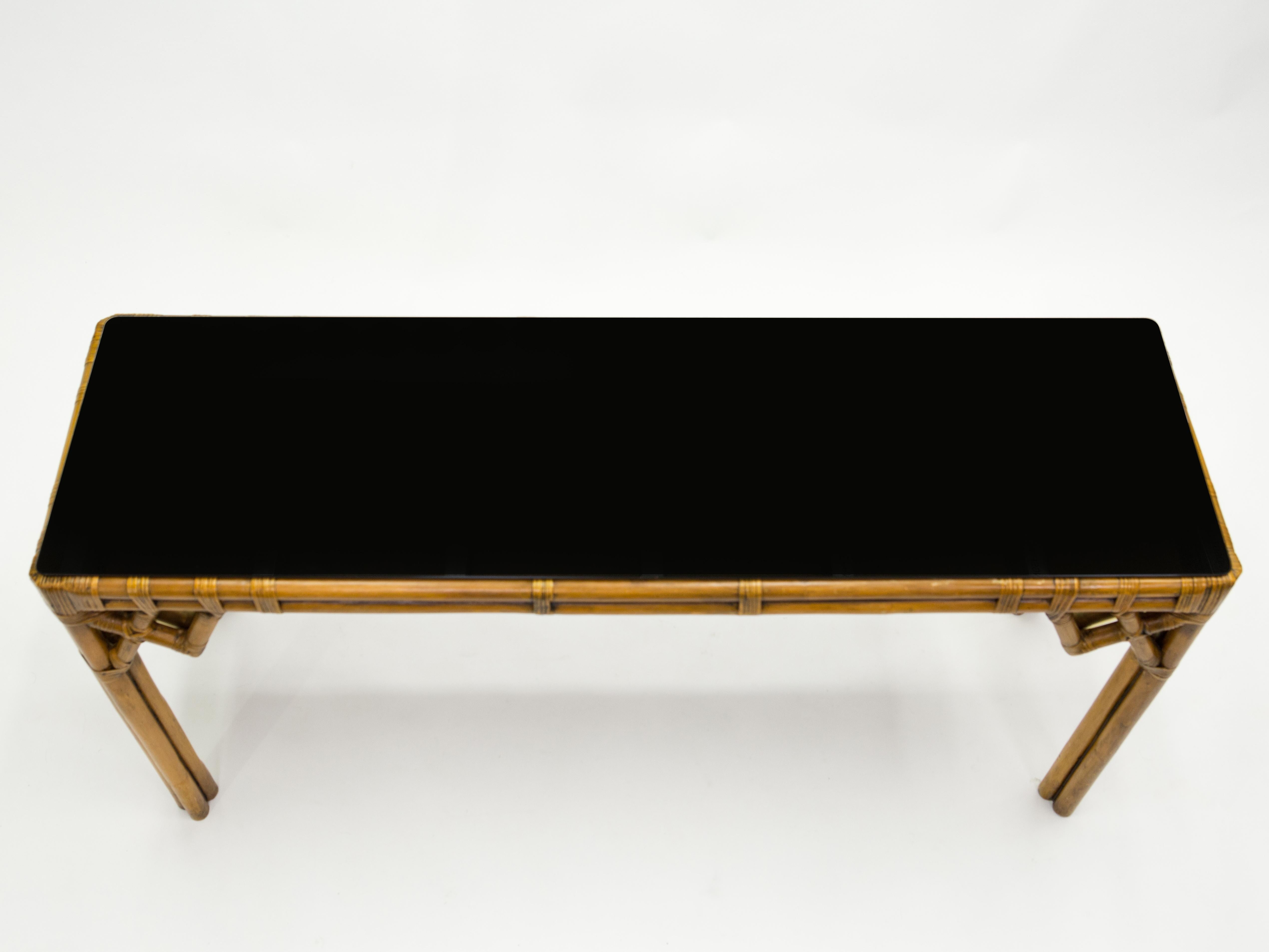 Large Bamboo and Brass Italian Console Table Black Glass Top, 1970s 3