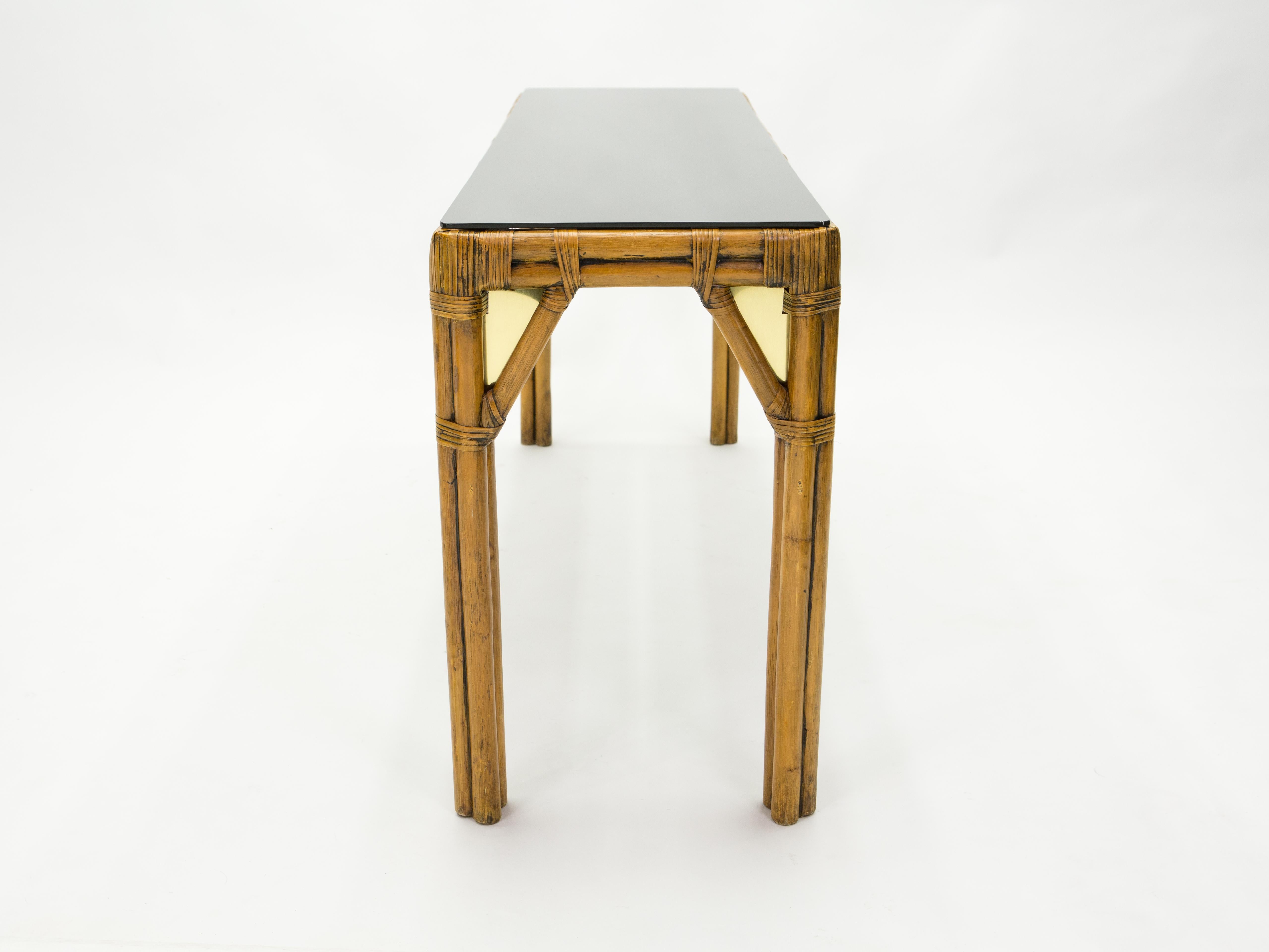 Large Bamboo and Brass Italian Console Table Black Glass Top, 1970s 4