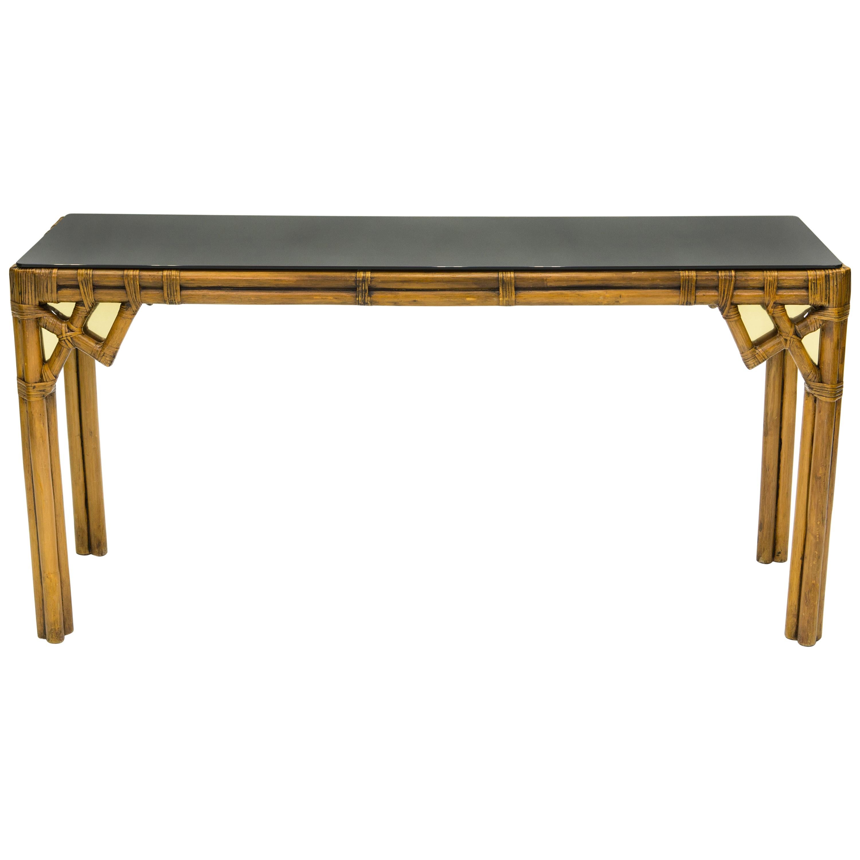 Large Bamboo and Brass Italian Console Table Black Glass Top, 1970s