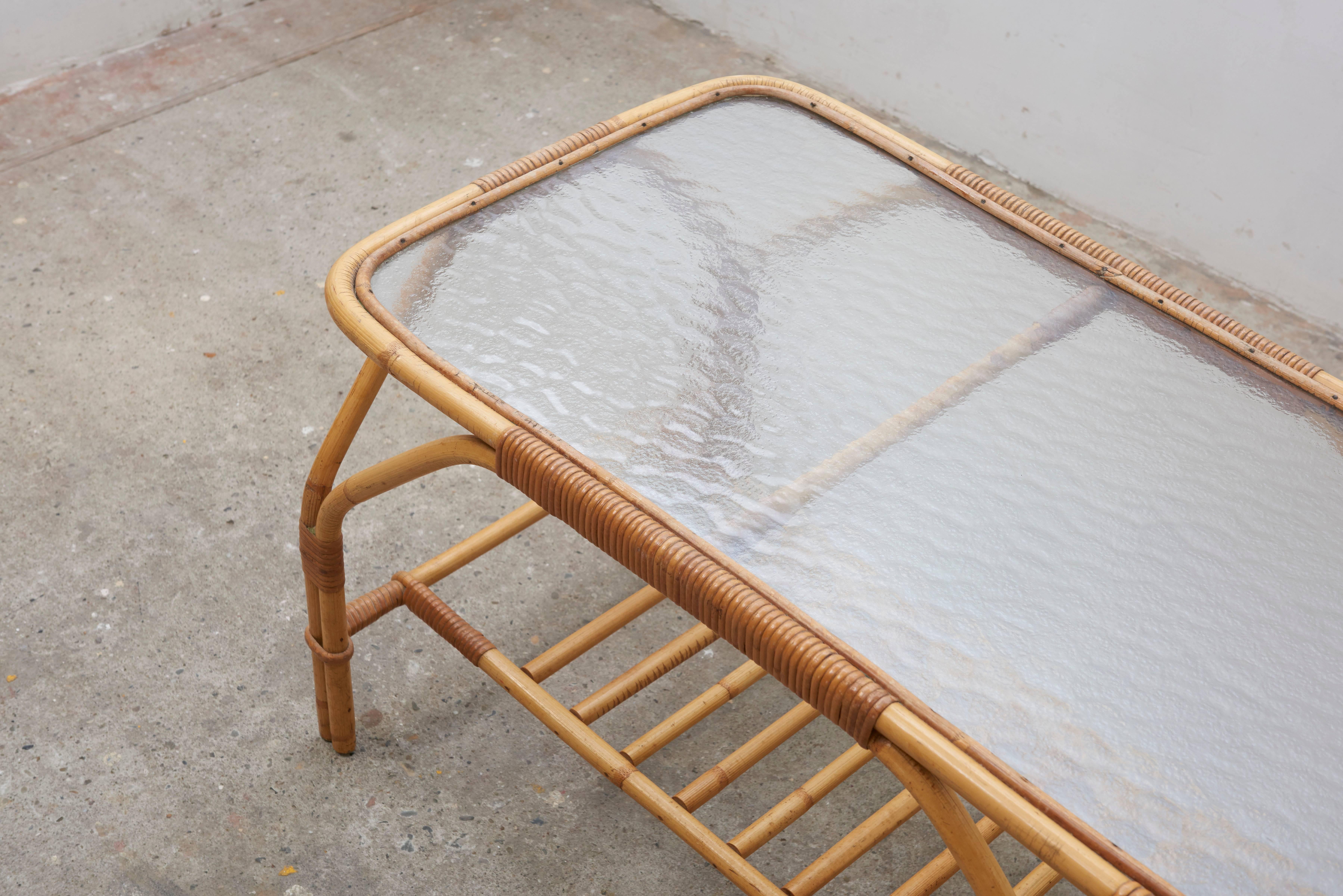 Scandinavian Modern Large Bamboo and Frosted Glass Rectangular Coffee Table by Viggo Boesen, 1950s For Sale