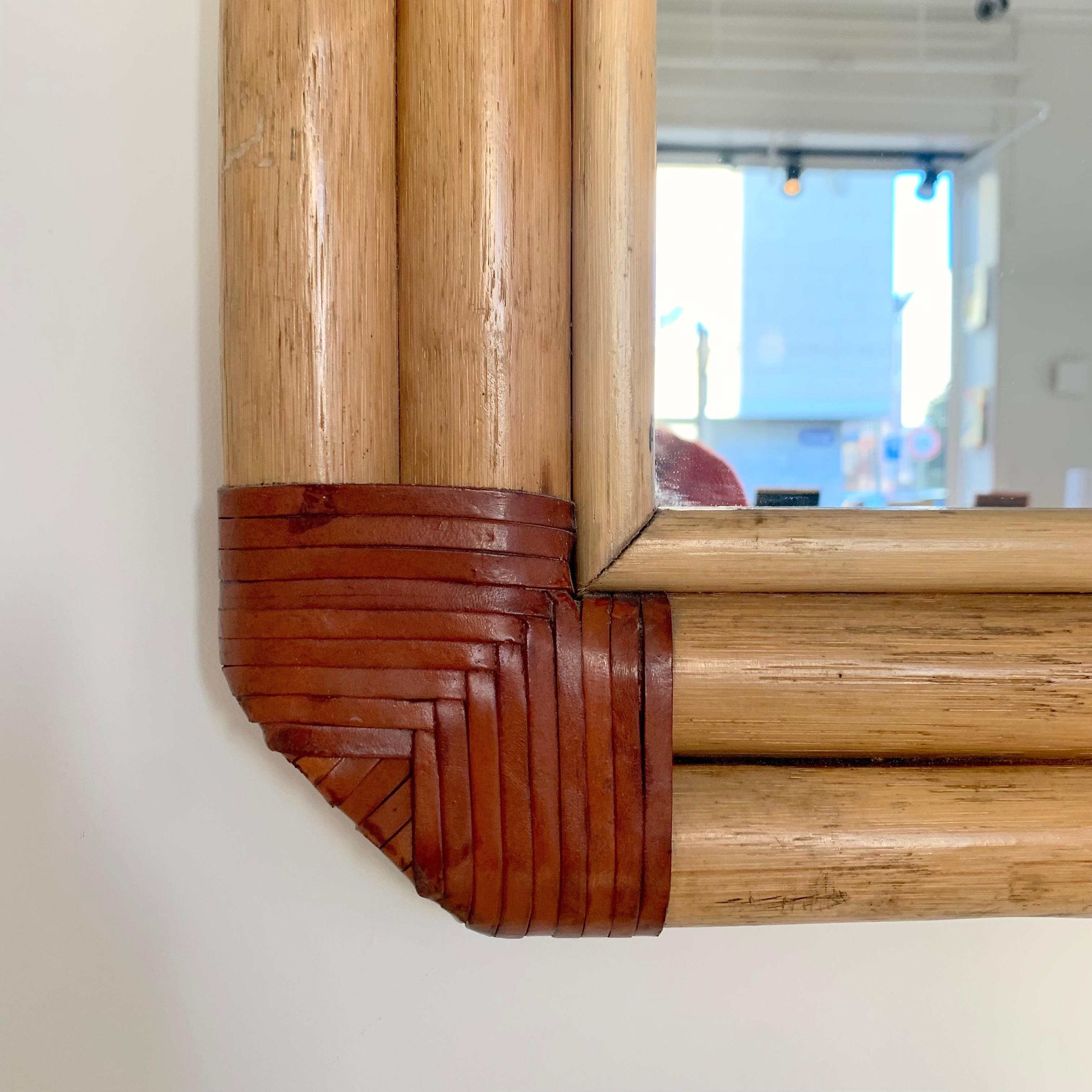 Large Bamboo and  Leather Wall Mirror, circa 1970, Italy. 6
