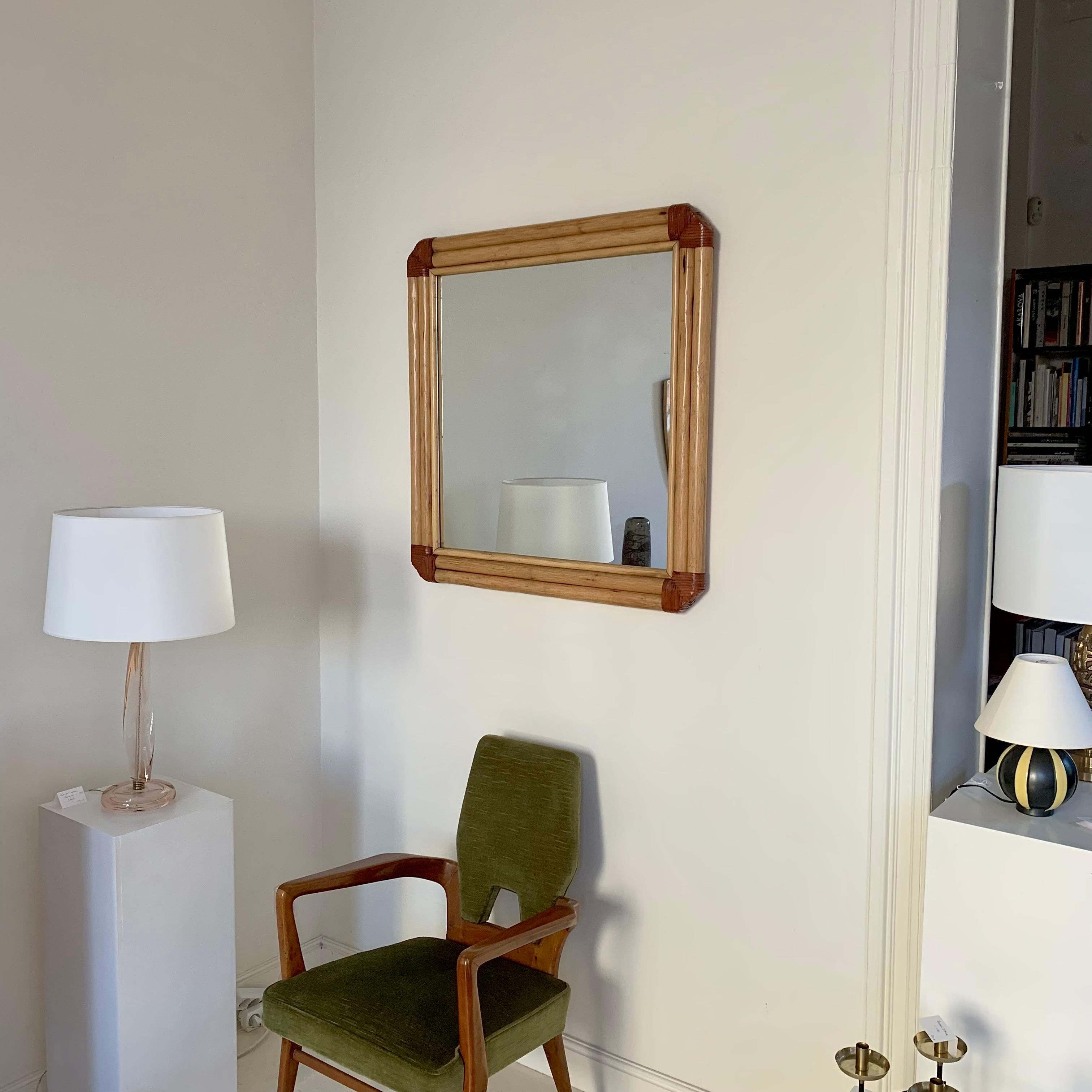 Large Bamboo and  Leather Wall Mirror, circa 1970, Italy. 7