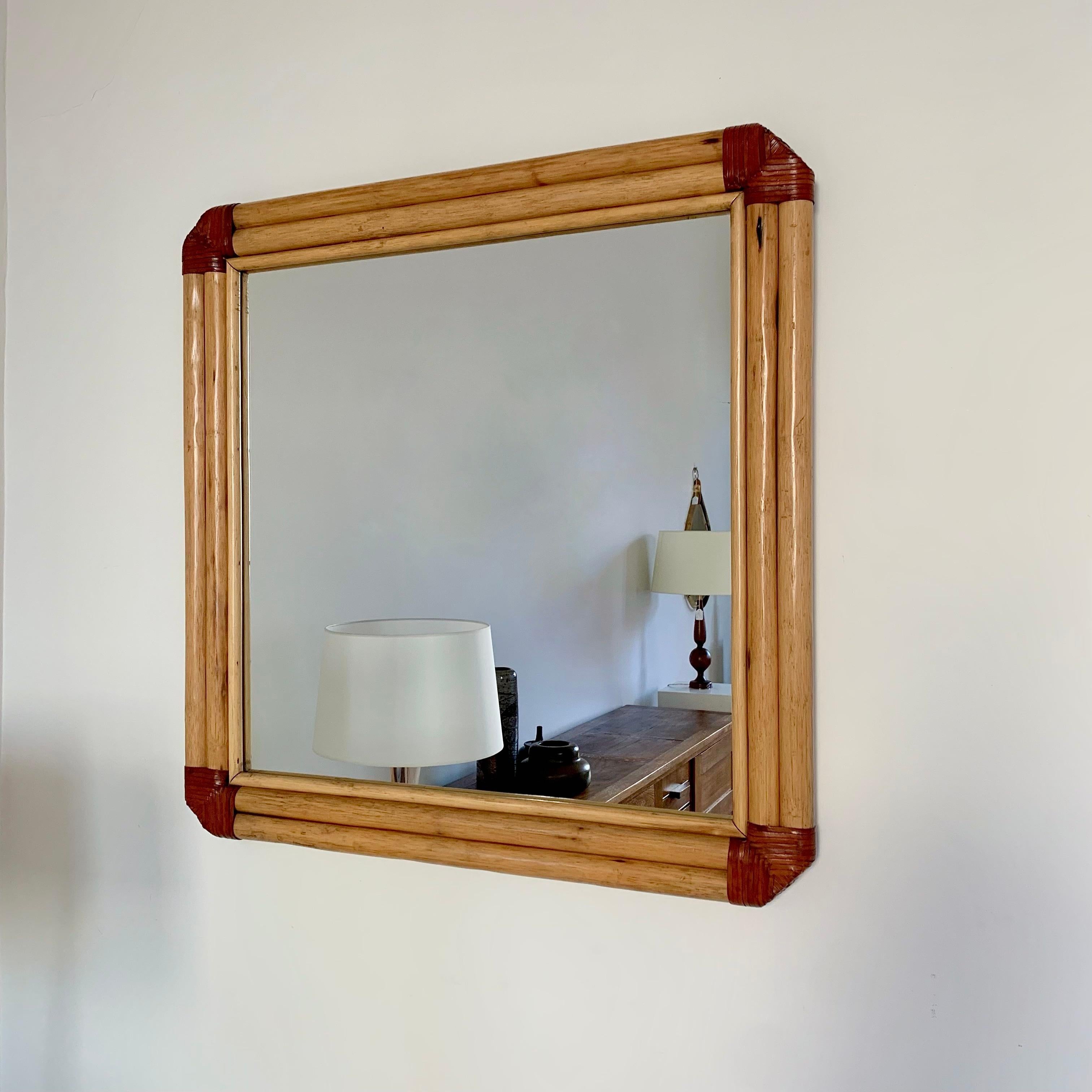 Mid-Century Modern Large Bamboo and  Leather Wall Mirror, circa 1970, Italy.