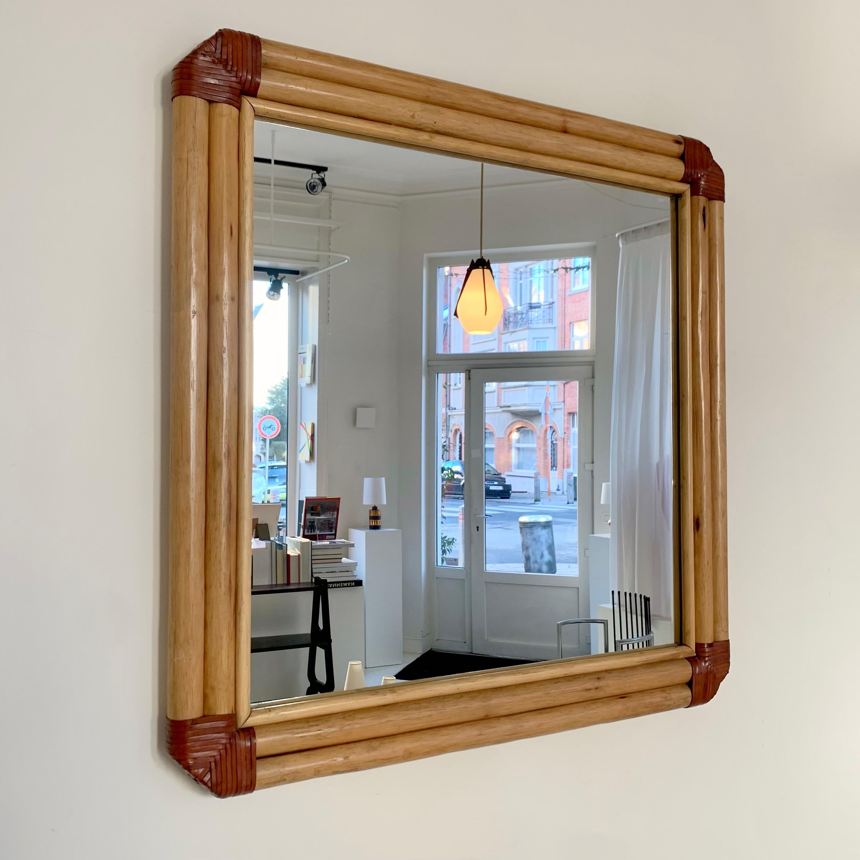 Italian Large Bamboo and  Leather Wall Mirror, circa 1970, Italy.