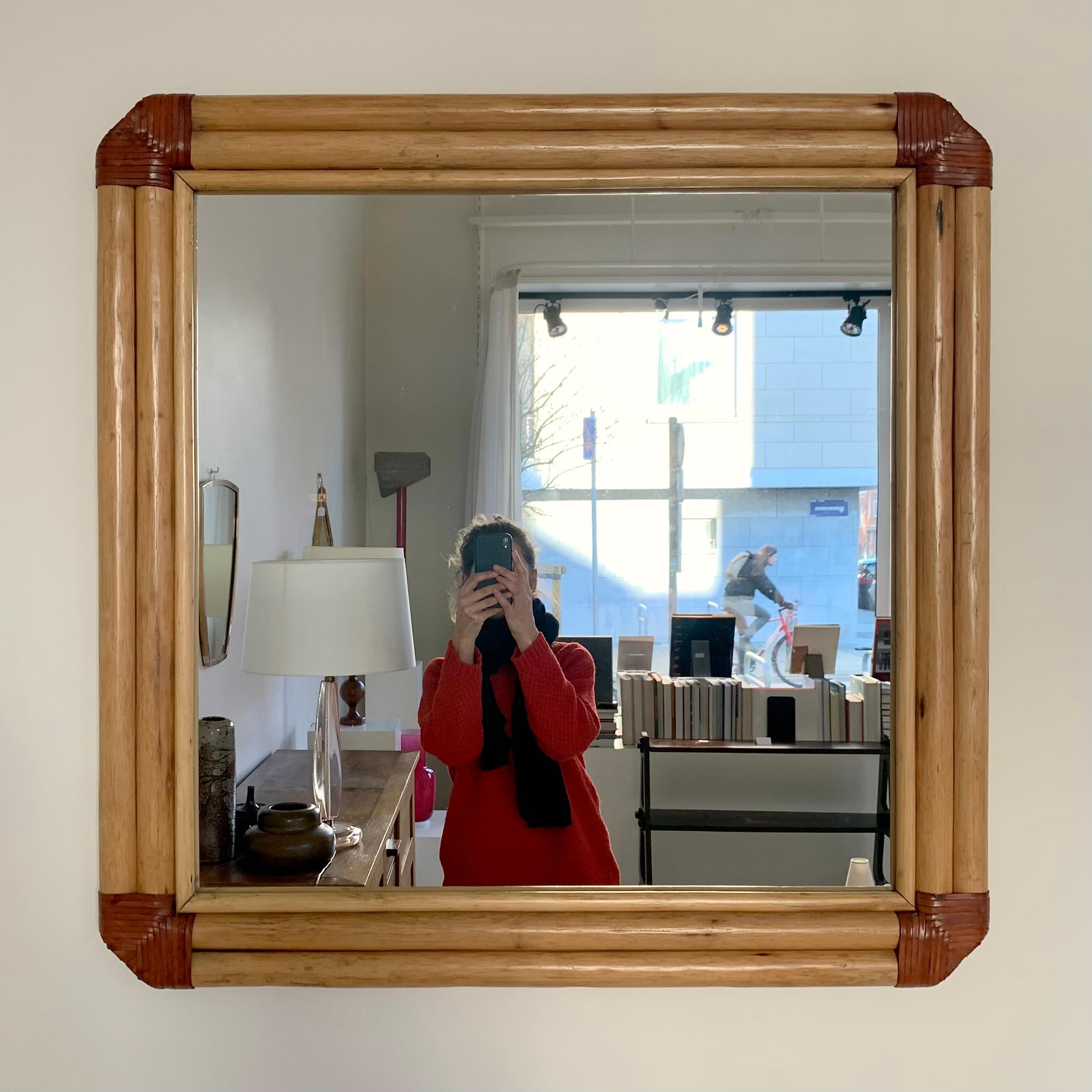 Large Bamboo and  Leather Wall Mirror, circa 1970, Italy. In Good Condition In Brussels, BE