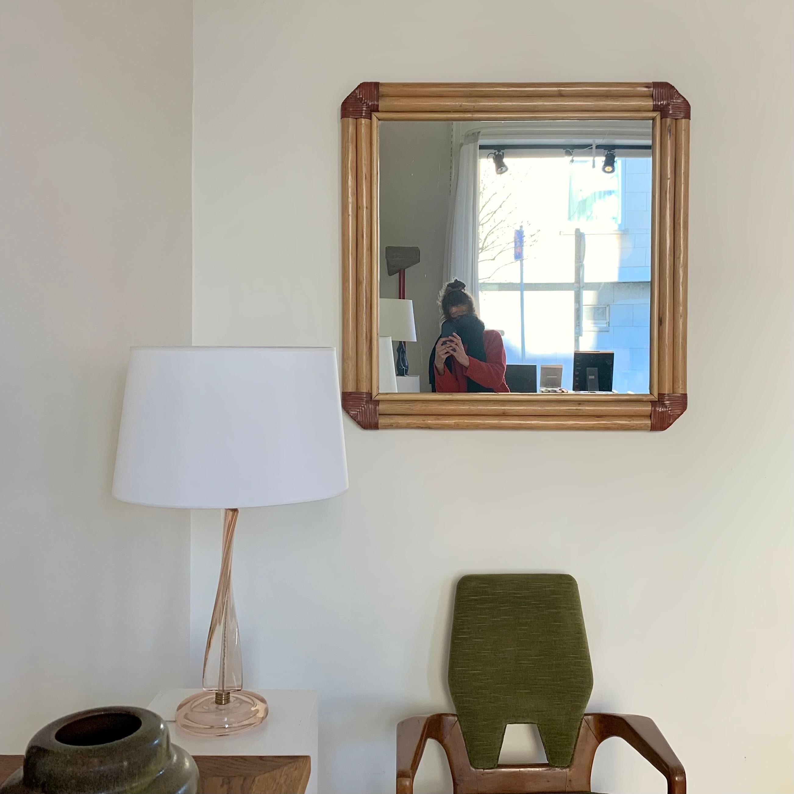 Large Bamboo and  Leather Wall Mirror, circa 1970, Italy. 1