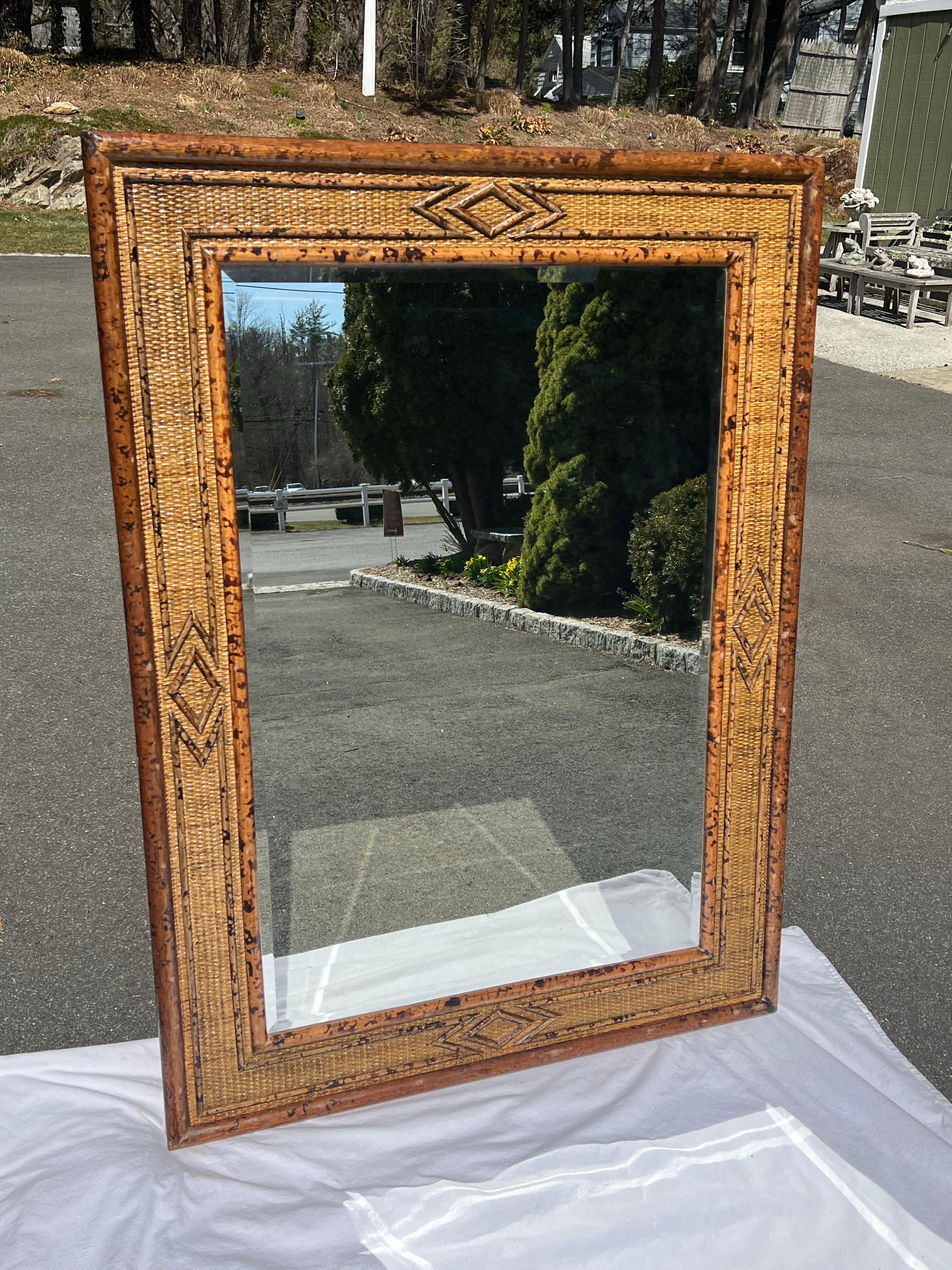 Large Bamboo and Rattan Coastal Beveled Mirror For Sale 5