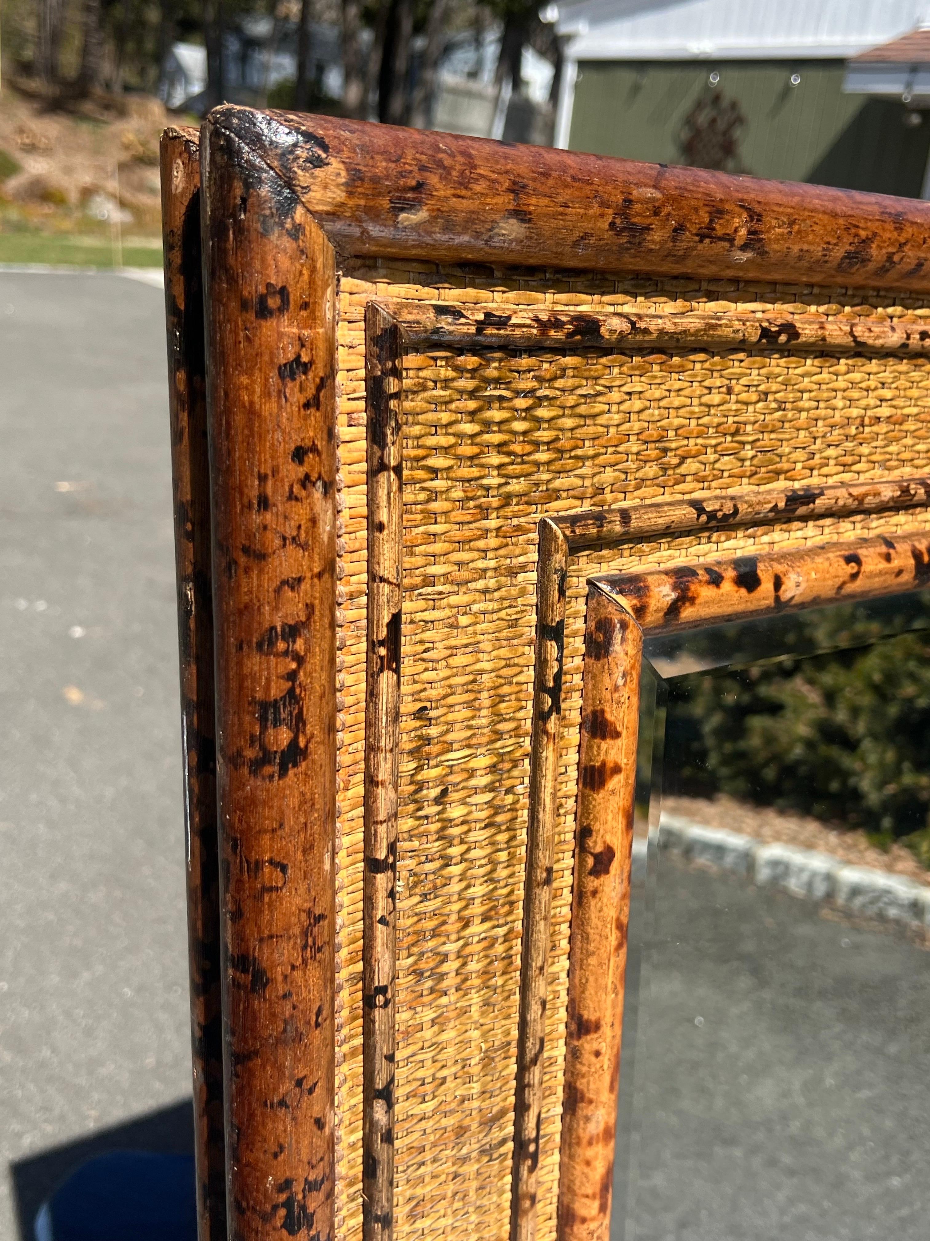 Large Bamboo and Rattan Coastal Beveled Mirror For Sale 6