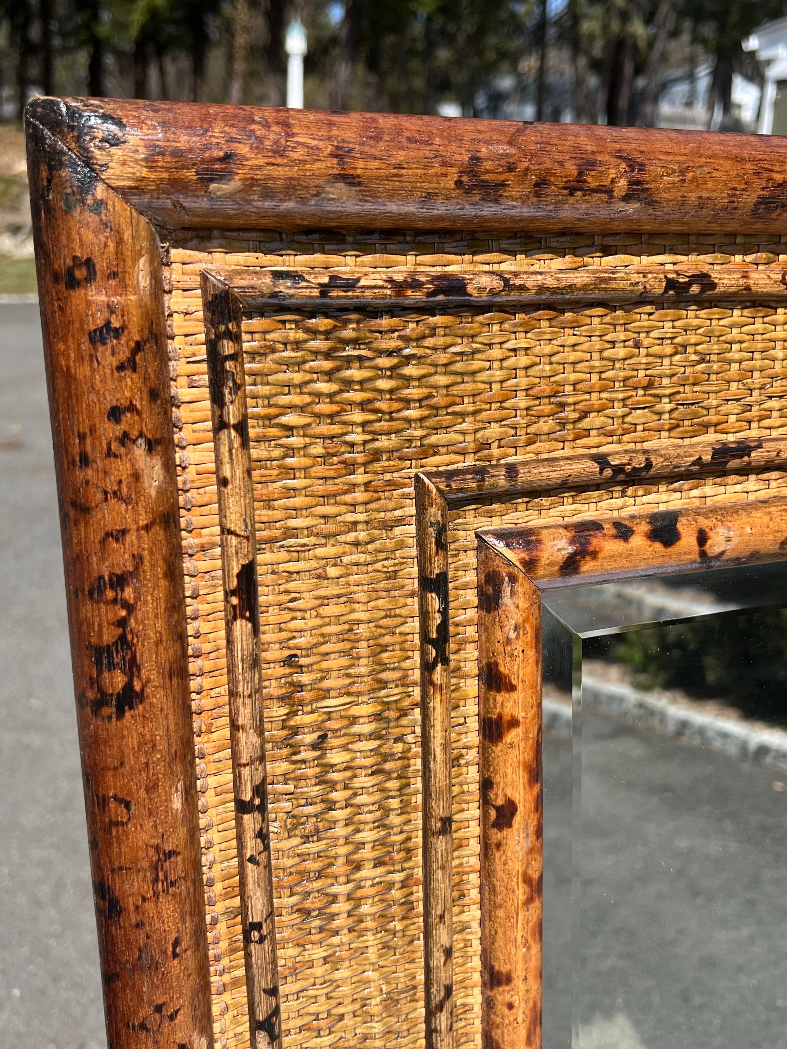 Large Bamboo and Rattan Coastal Beveled Mirror For Sale 8