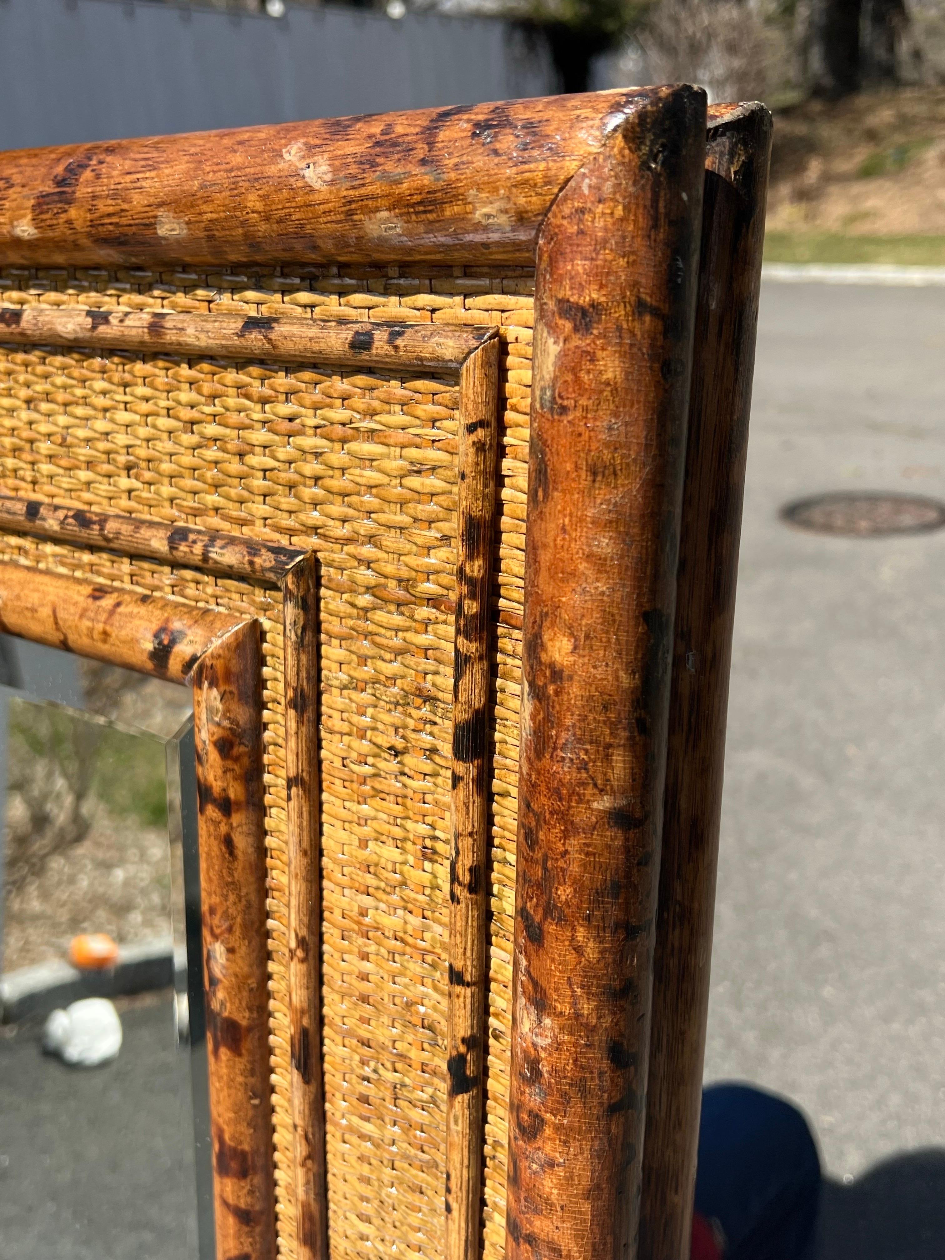 Large Bamboo and Rattan Coastal Beveled Mirror For Sale 9
