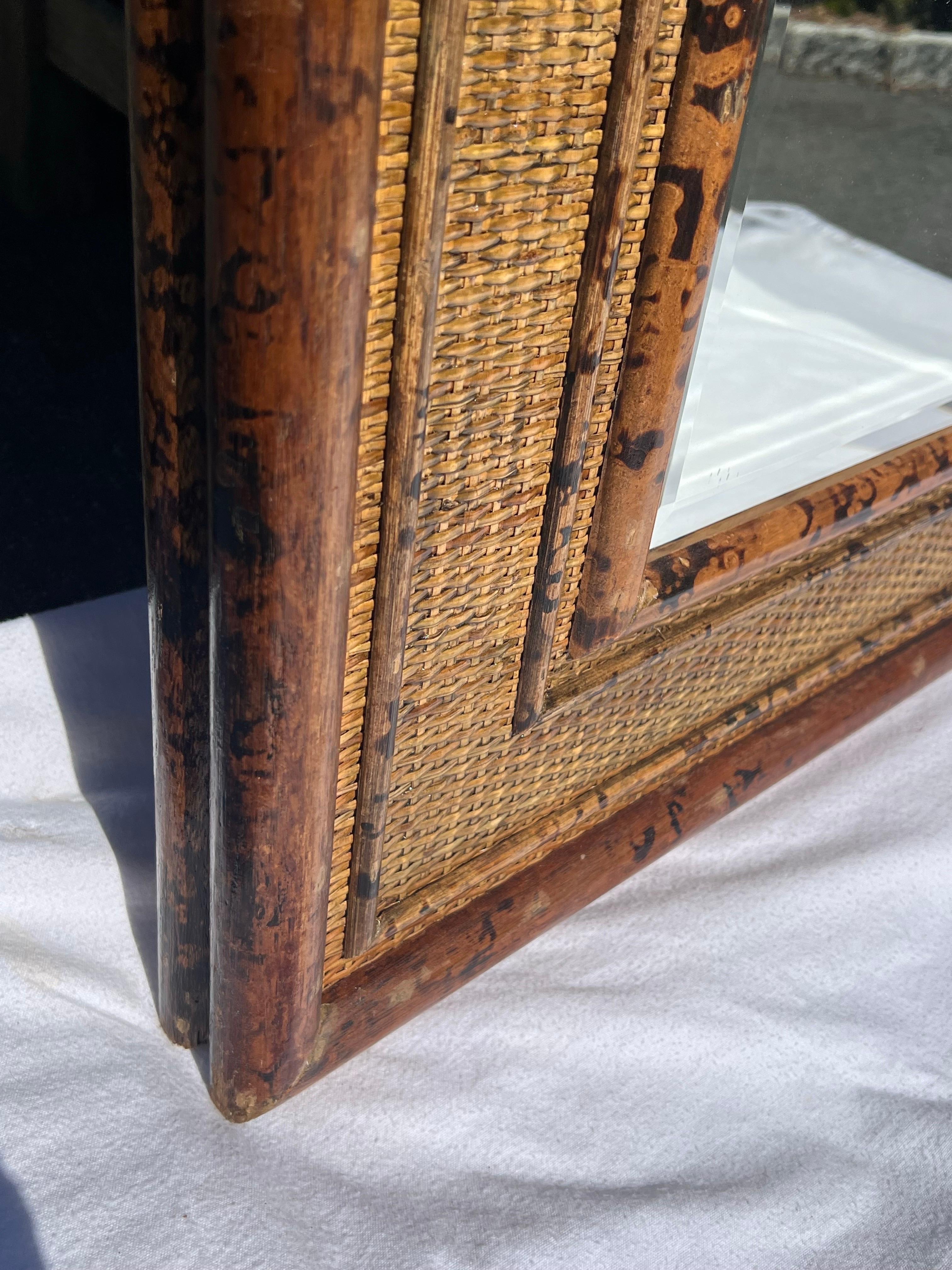 Large Bamboo and Rattan Coastal Beveled Mirror For Sale 11