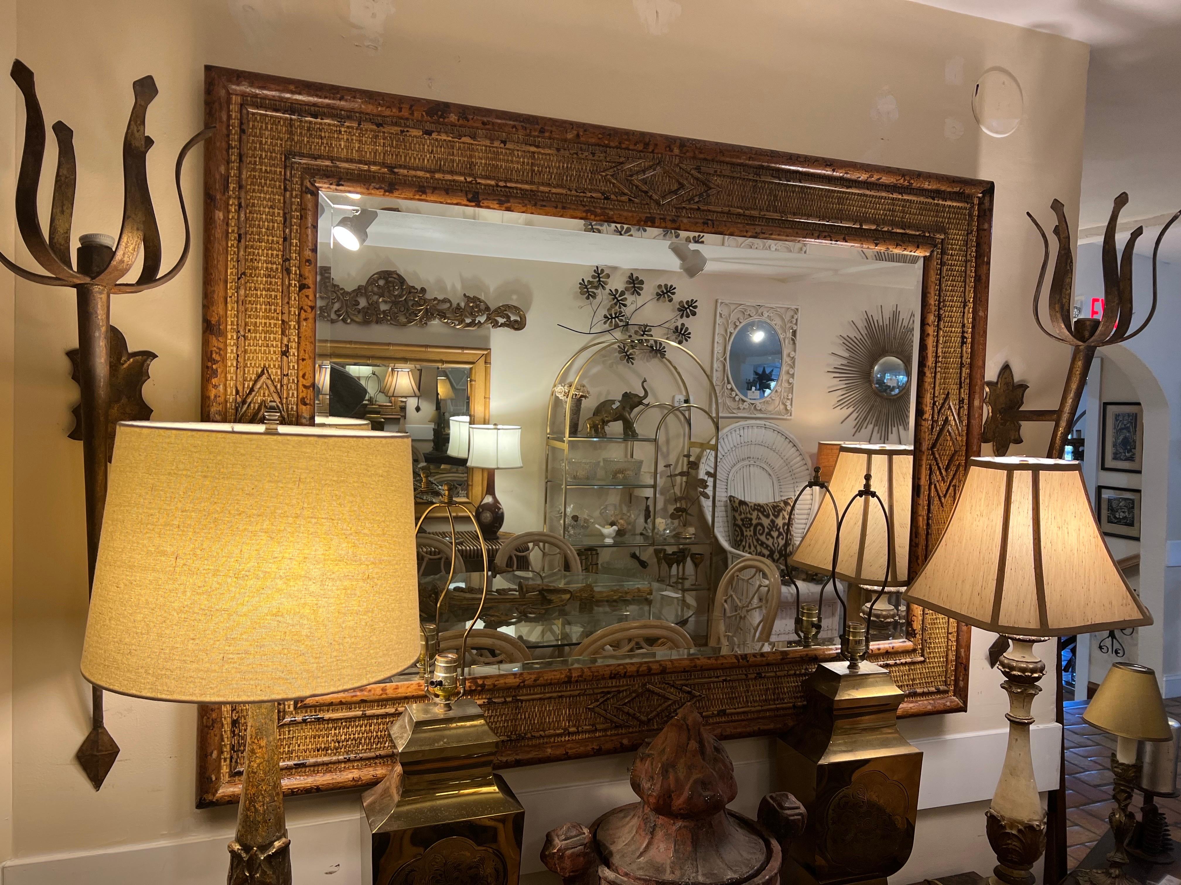 Large Bamboo and Rattan Coastal Beveled Mirror For Sale 18