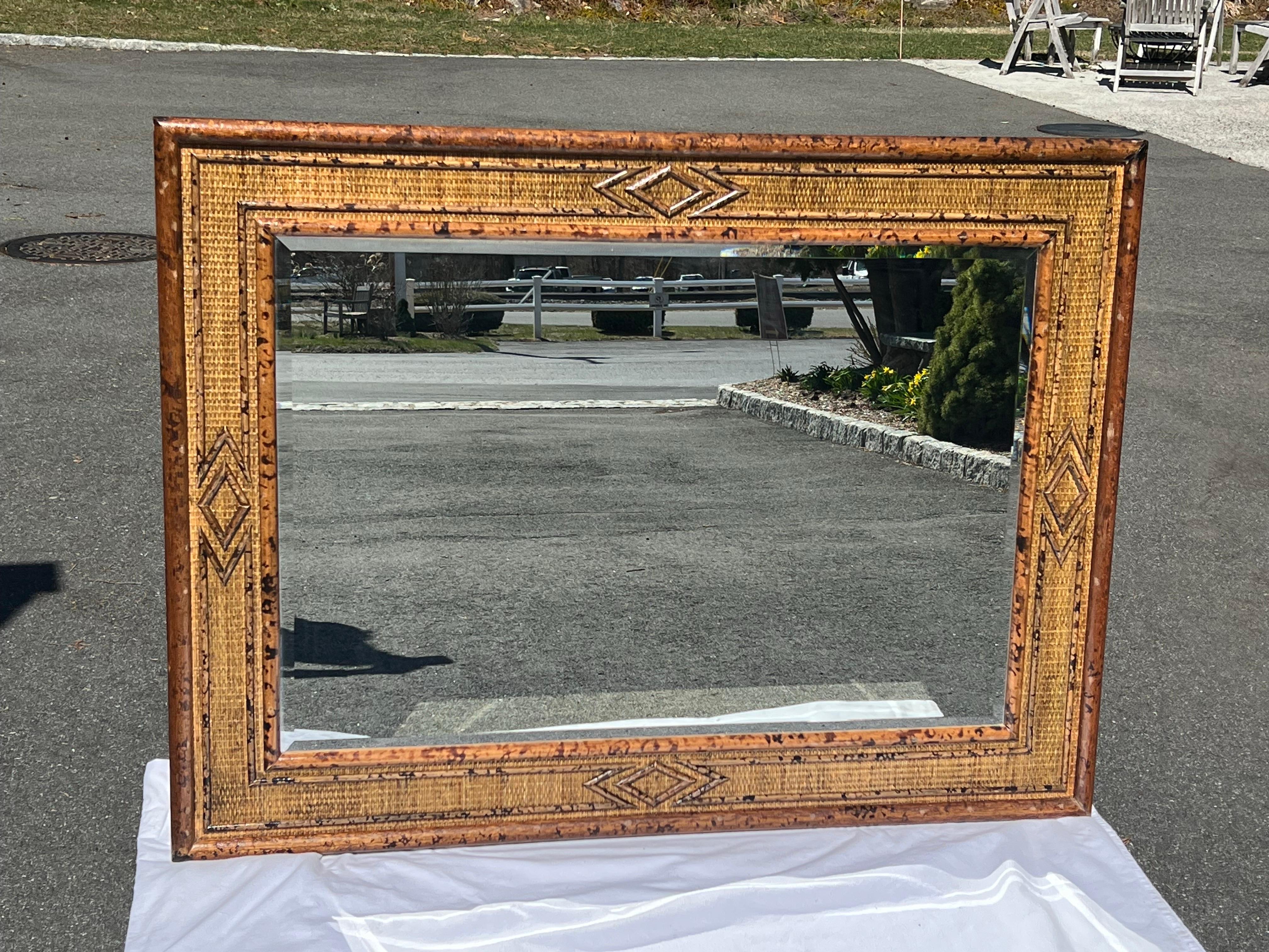 Bohemian Large Bamboo and Rattan Coastal Beveled Mirror For Sale