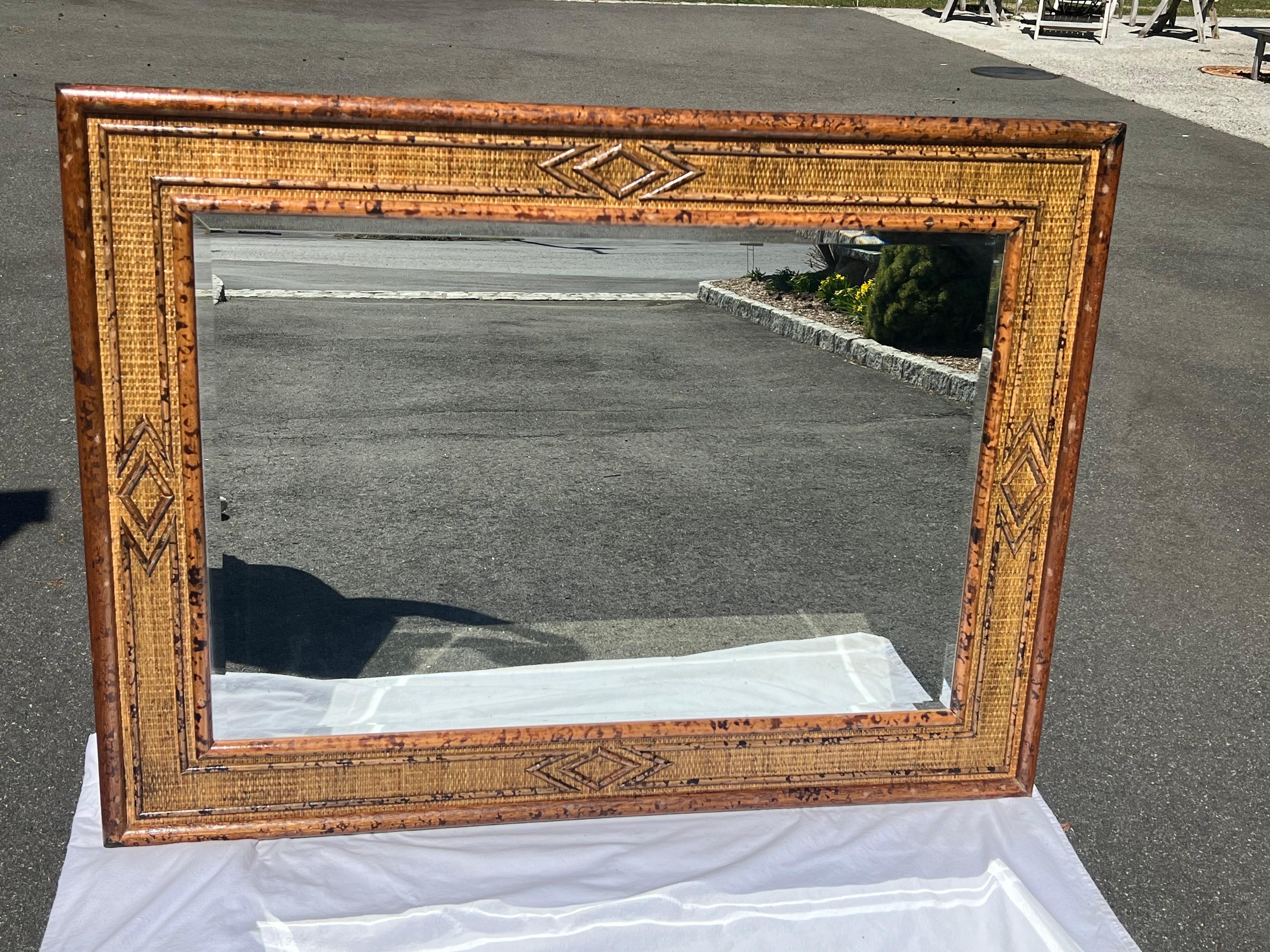 Large Bamboo and Rattan Coastal Beveled Mirror In Good Condition For Sale In Redding, CT