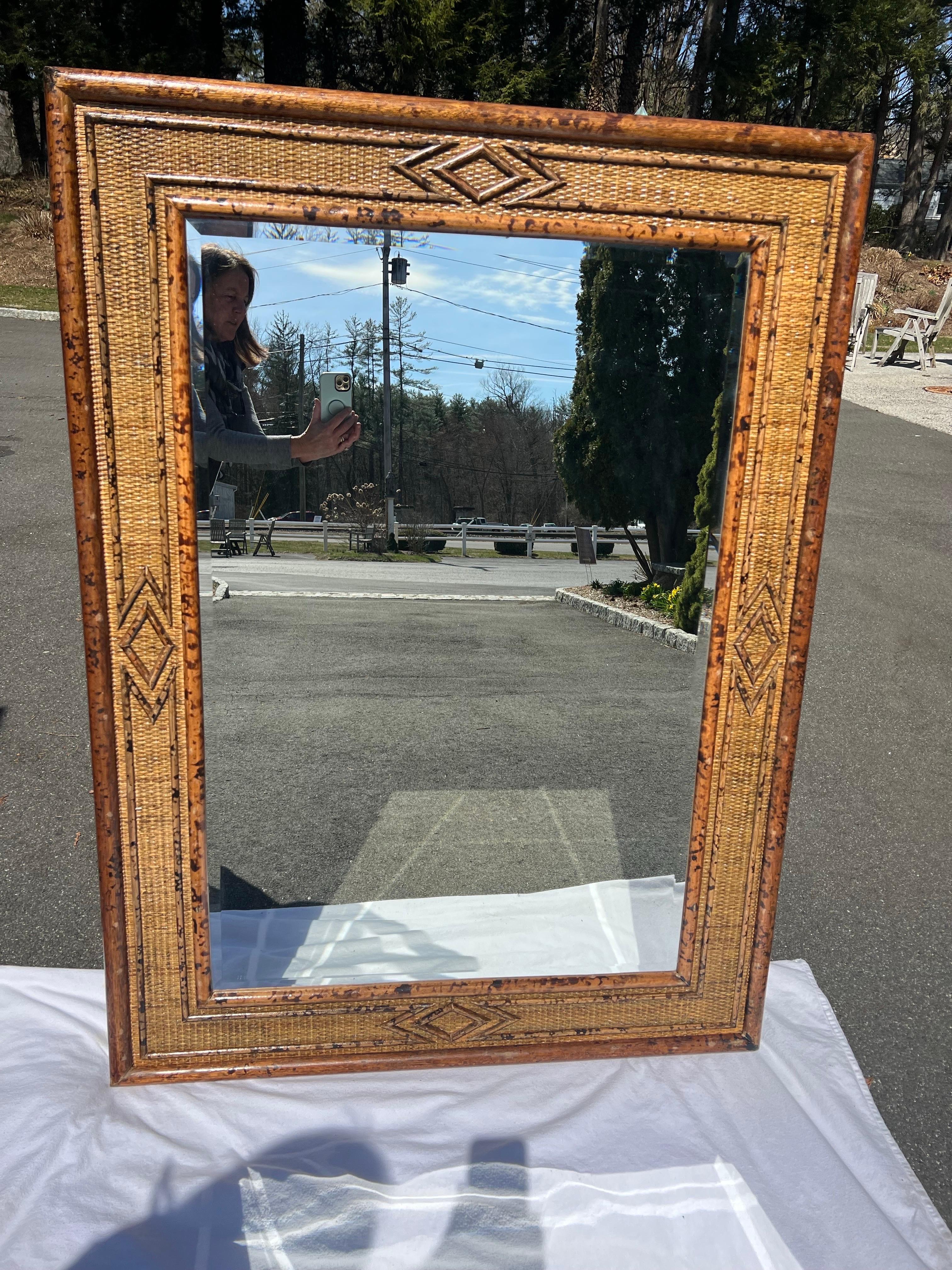 Late 20th Century Large Bamboo and Rattan Coastal Beveled Mirror For Sale