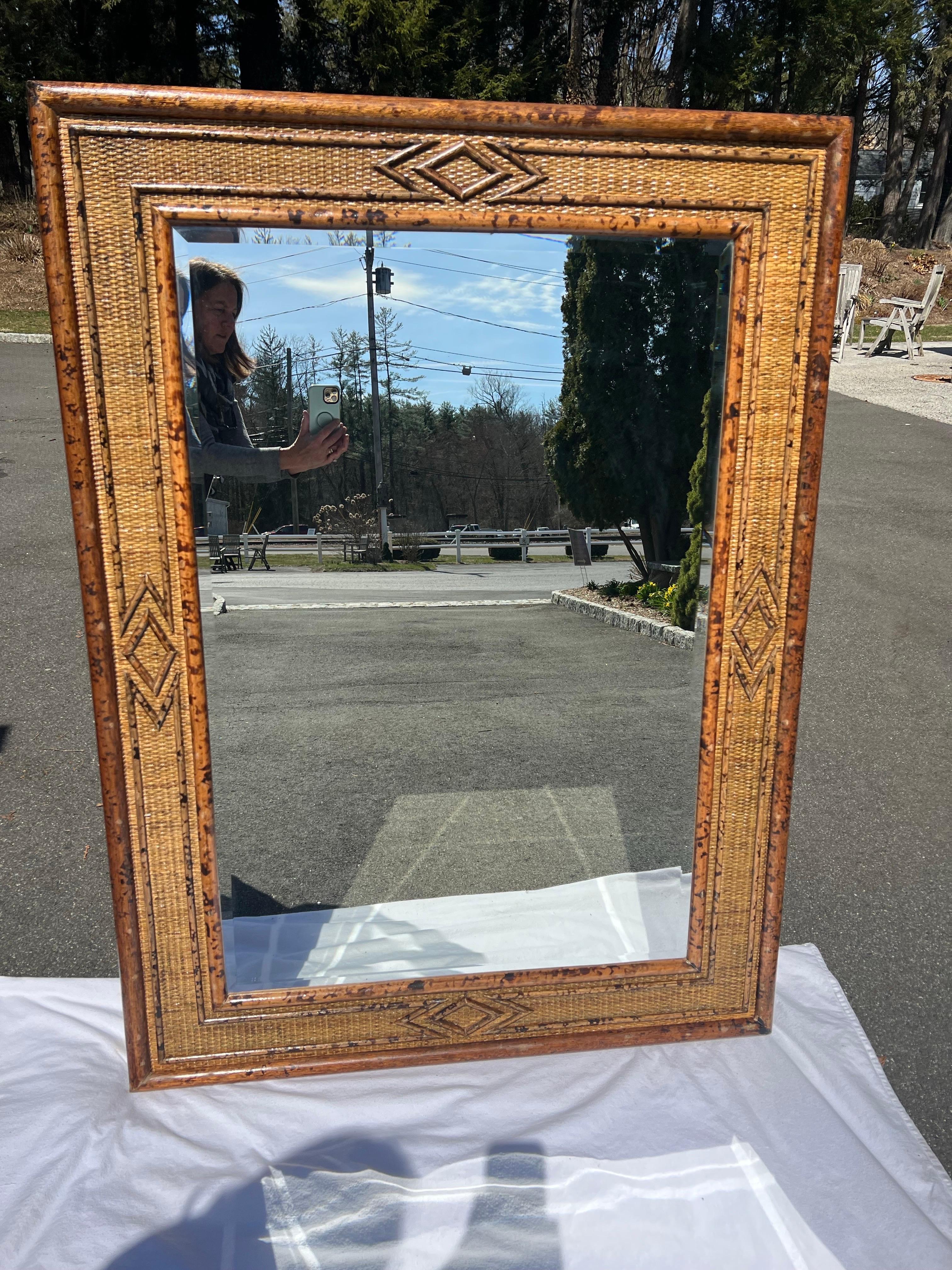 Large Bamboo and Rattan Coastal Beveled Mirror For Sale 1
